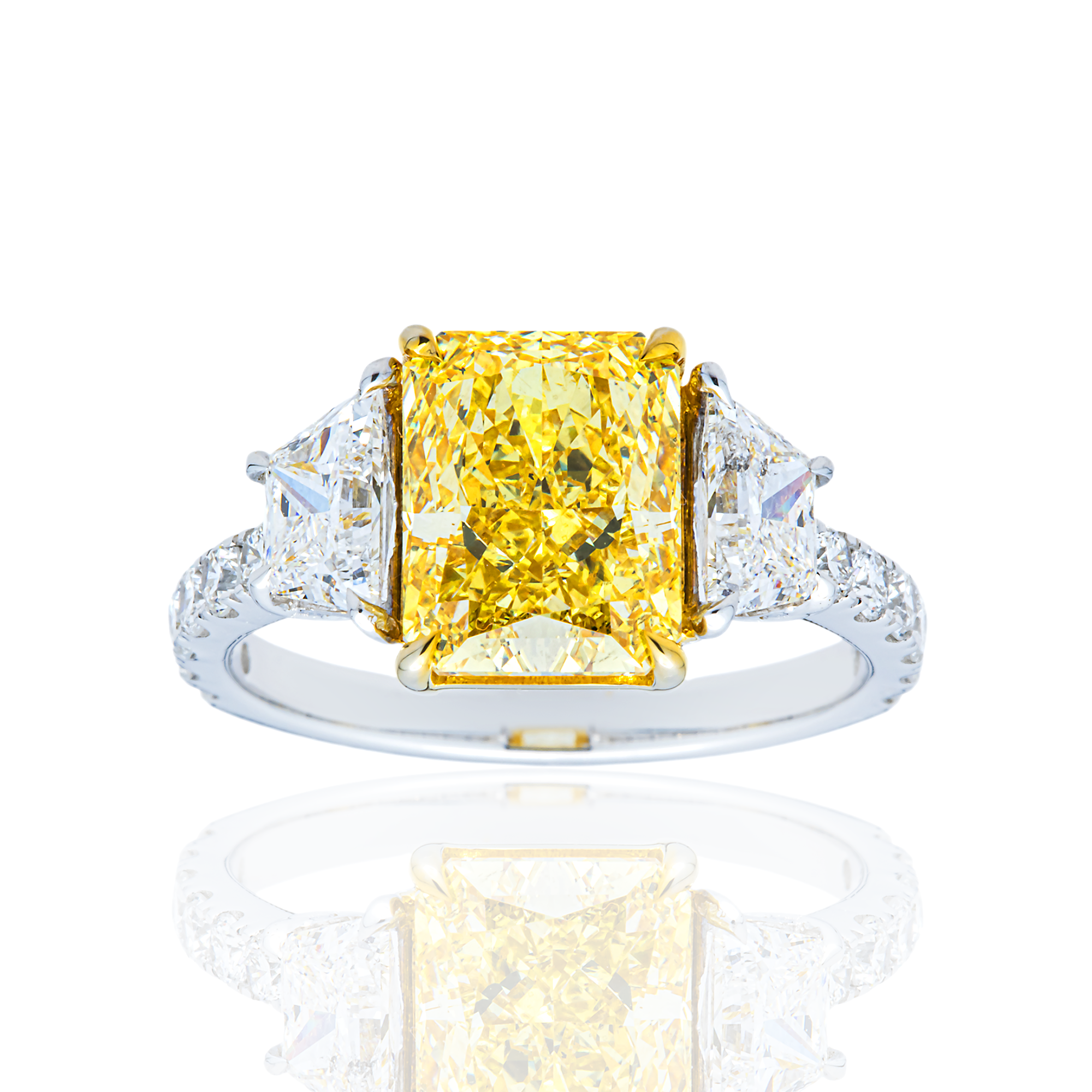 14K White Gold Radiant Fancy Yellow Triple Diamond Ring 4.64ctw