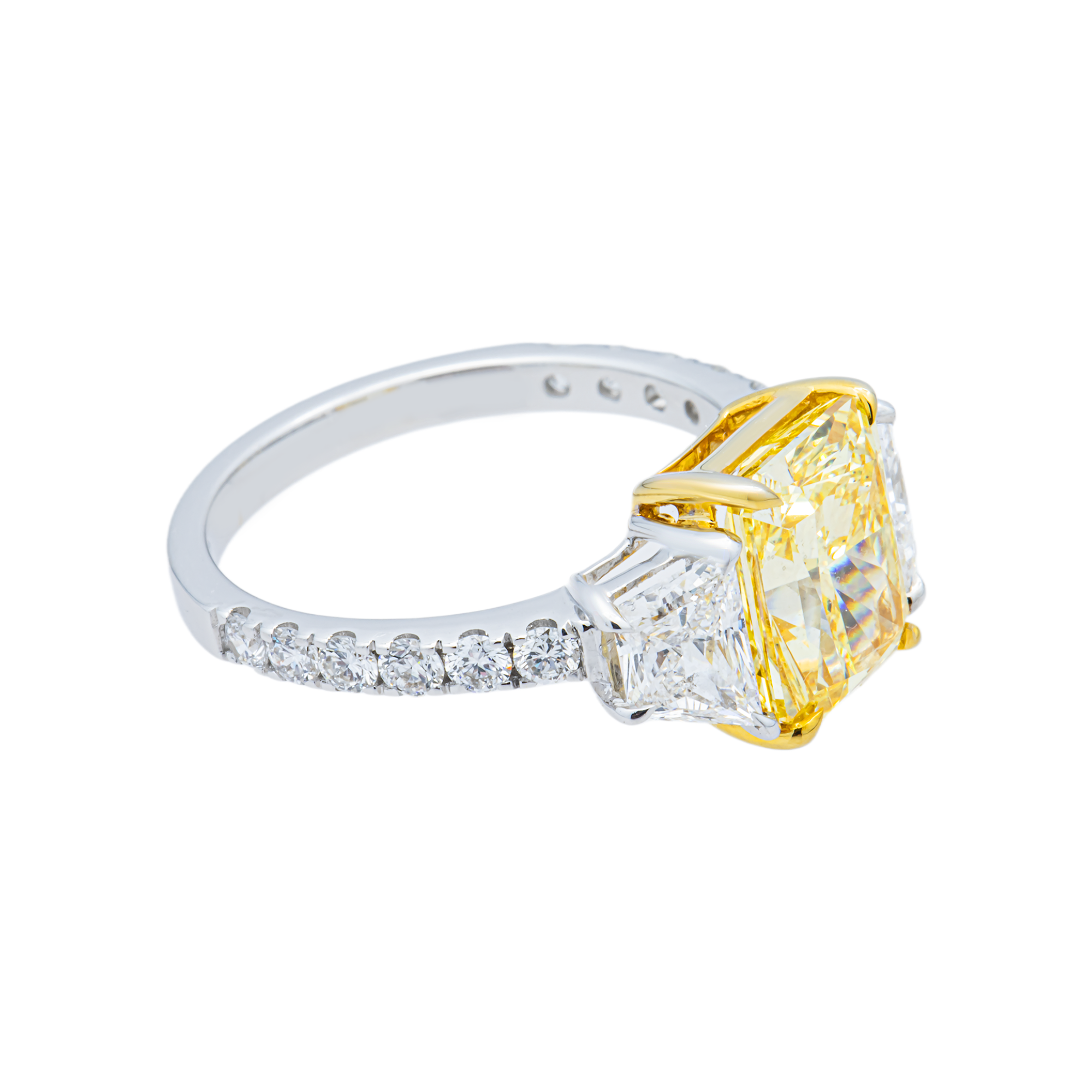 14K White Gold Radiant Fancy Yellow Triple Diamond Ring 4.64ctw