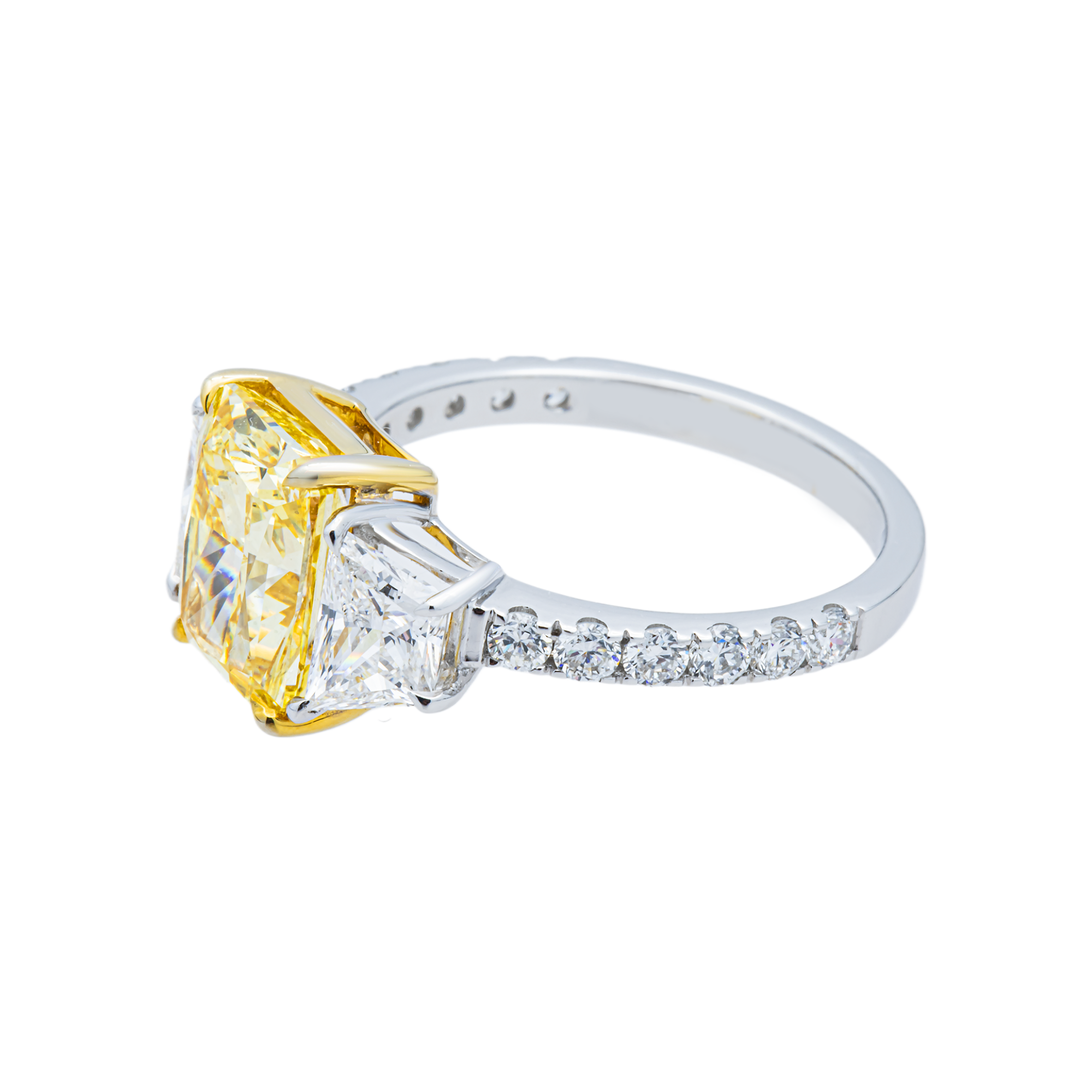14K White Gold Radiant Fancy Yellow Triple Diamond Ring 4.64ctw