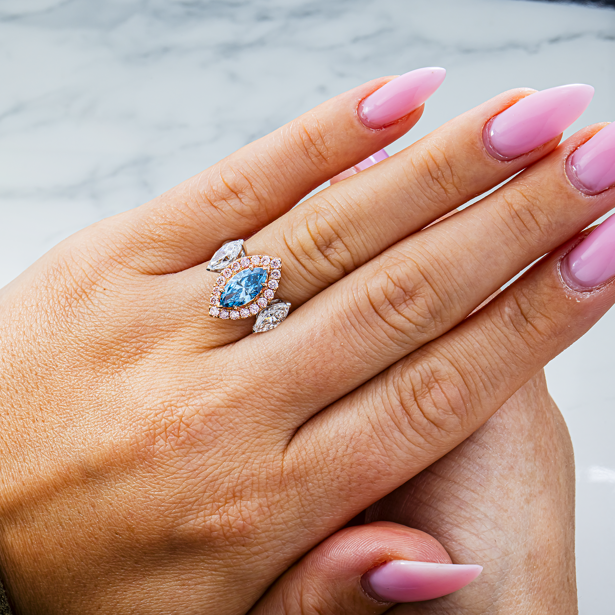 Two Tone Marquise Fancy Blue & White Diamond Ring 2.51ctw