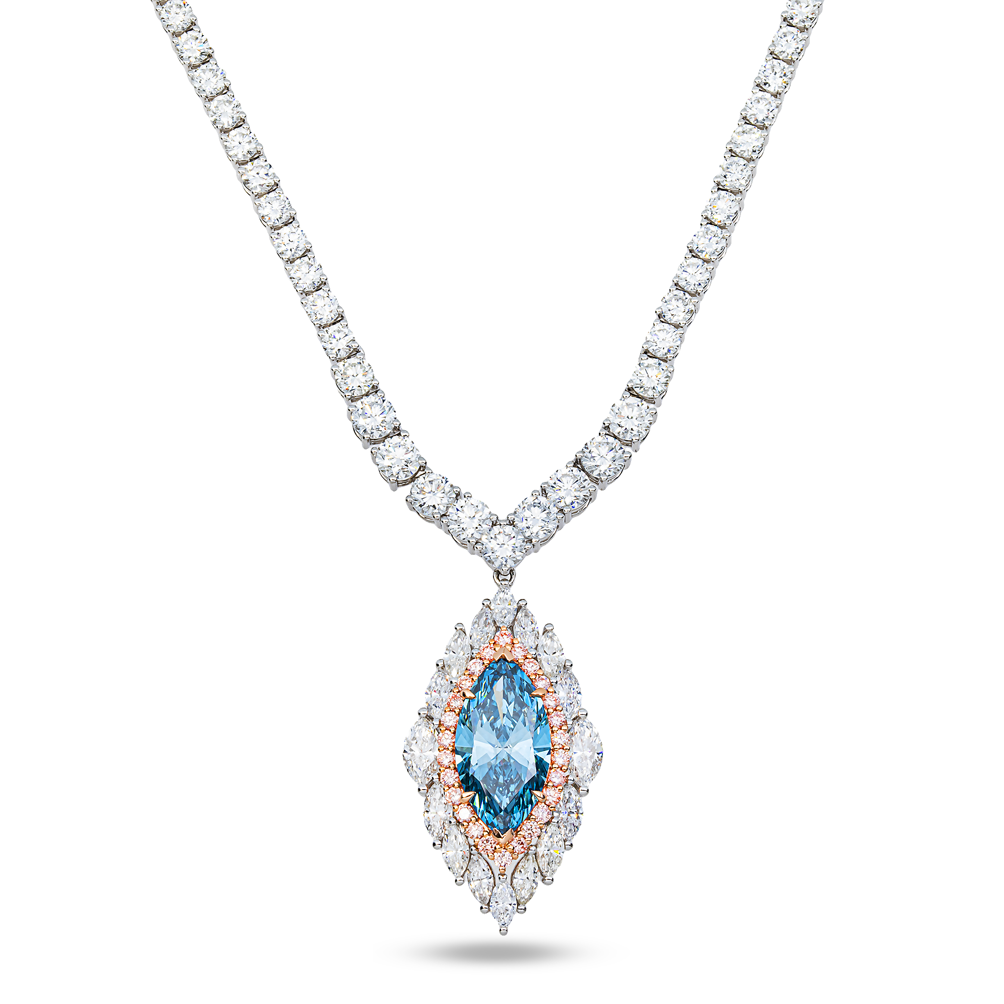 White Gold 4.16ct Marquise Fancy Blue Diamond Necklace 24.29ctw