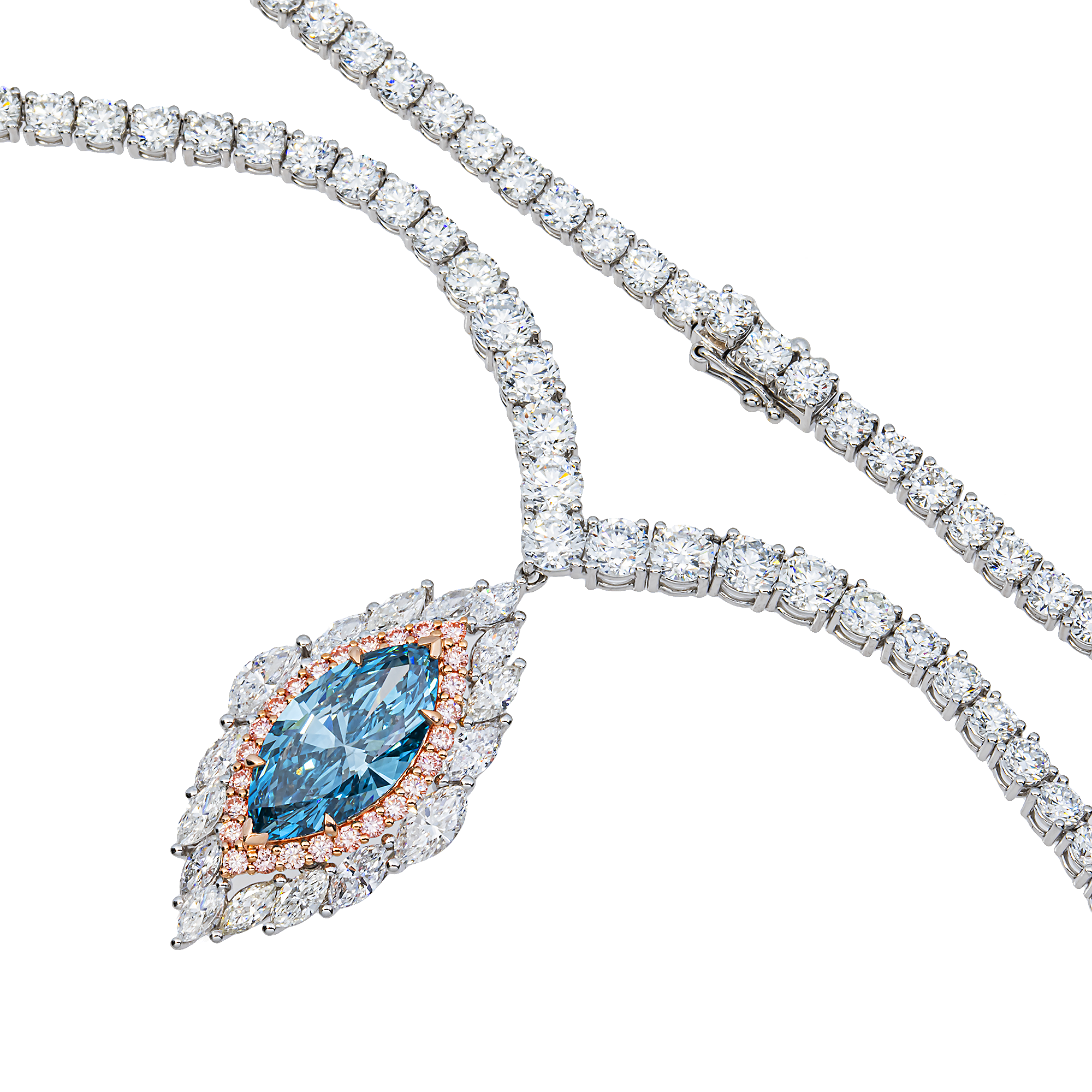 White Gold 4.16ct Marquise Fancy Blue Diamond Necklace 24.29ctw