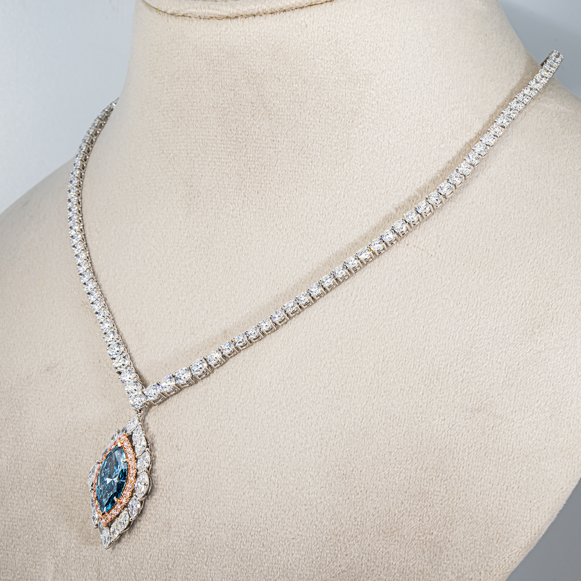 White Gold 4.16ct Marquise Fancy Blue Diamond Necklace 24.29ctw