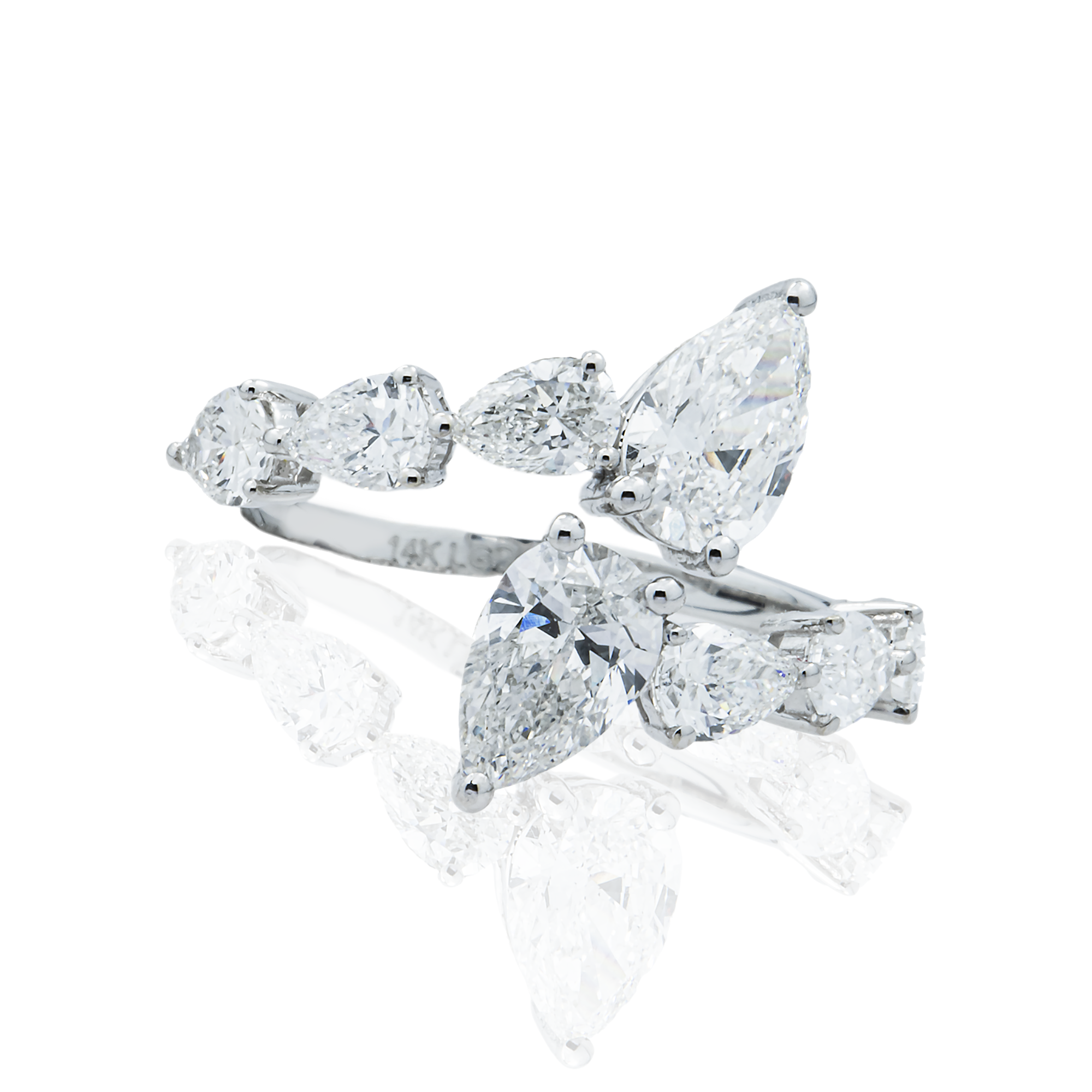 14K White Gold Pear Diamond Bypass Wrap Ring 3.04ct