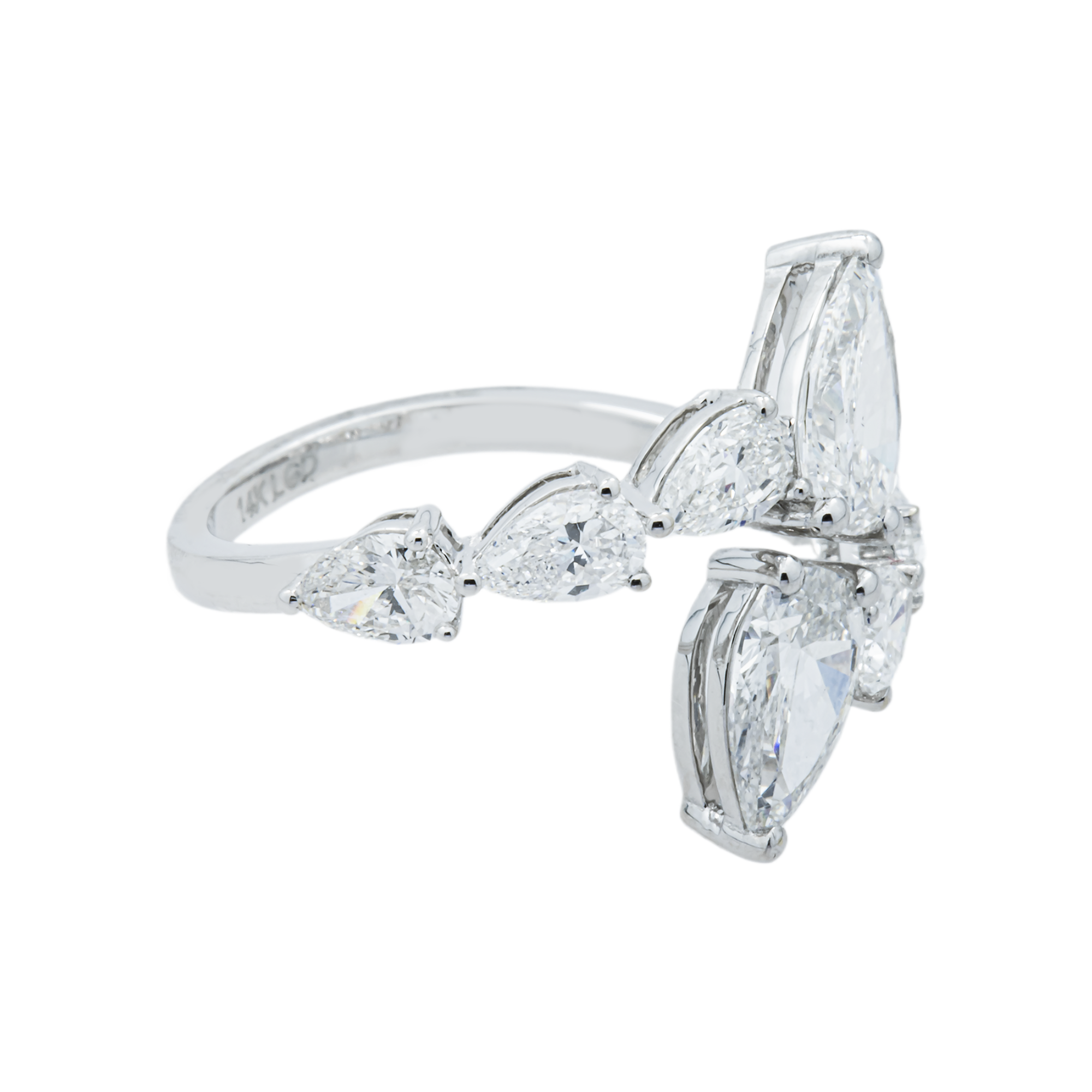 14K White Gold Pear Diamond Bypass Wrap Ring 3.04ct