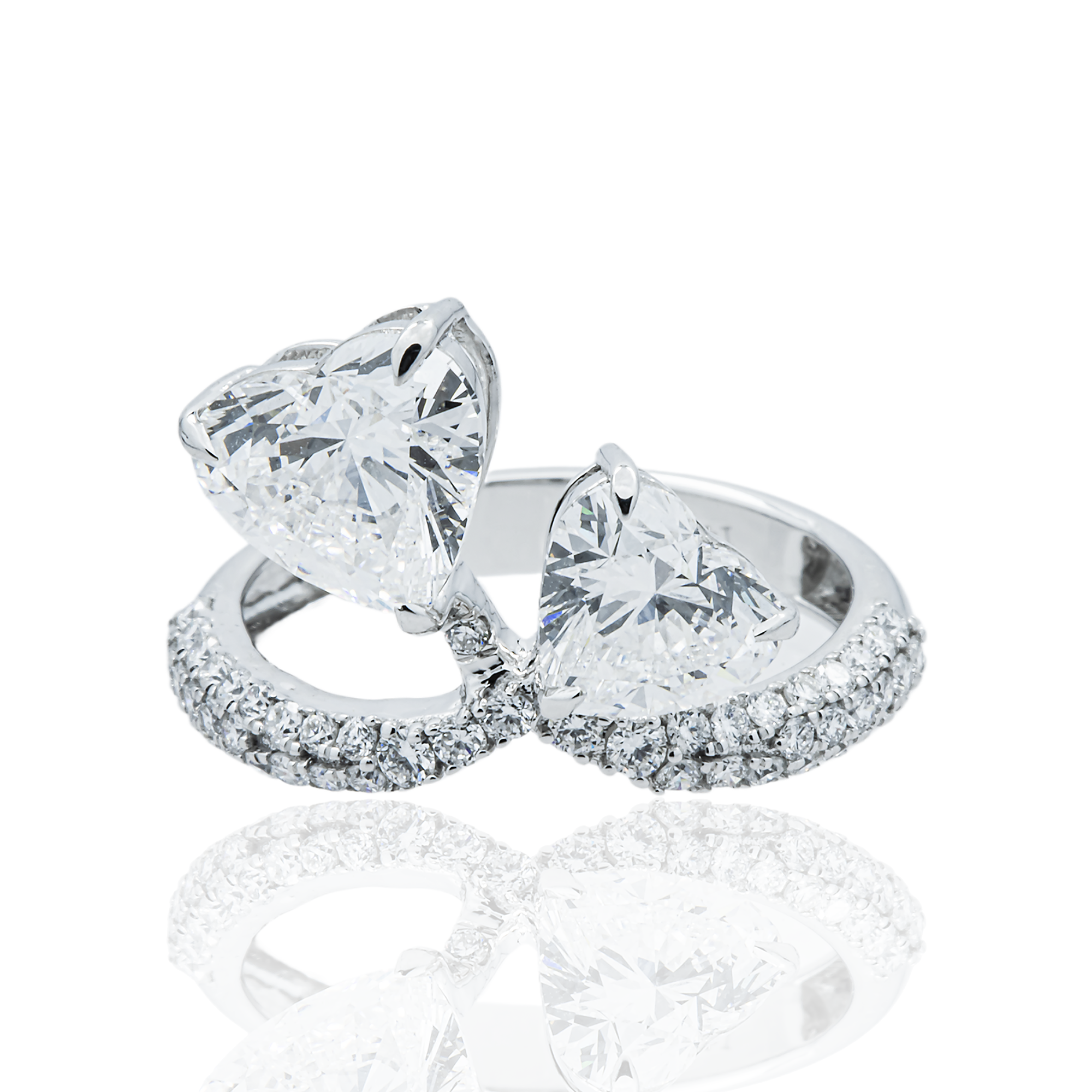 14K White Gold Double Heart & Round Diamond Ring 3.58ctw