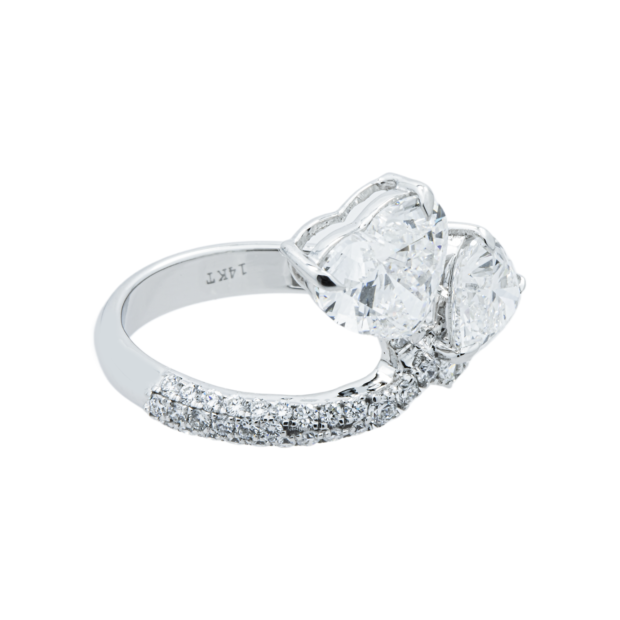 14K White Gold Double Heart & Round Diamond Ring 3.58ctw