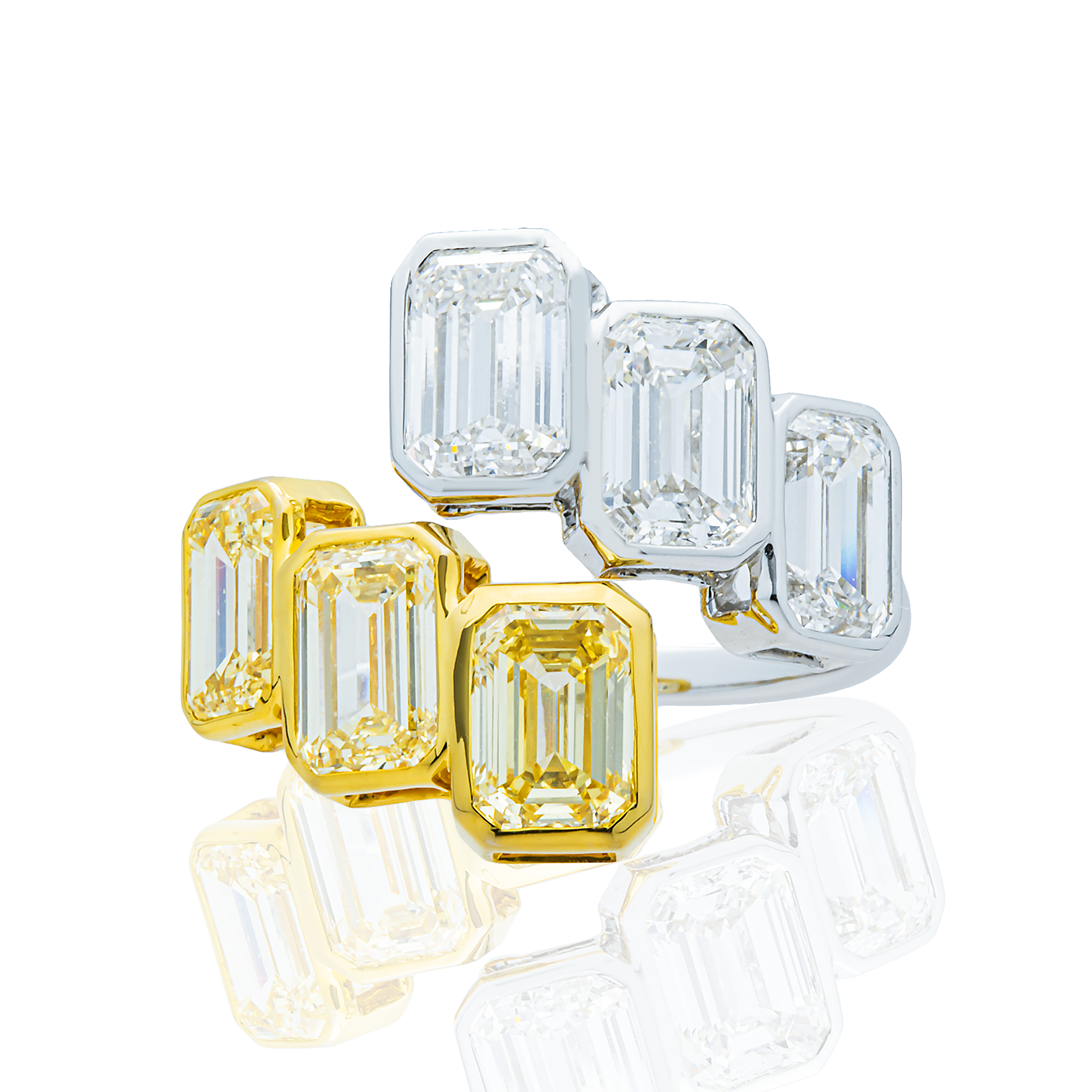 14K Two Tone Fancy Yellow & White Emerald Diamond Bypass Wrap Ring 4.50ct