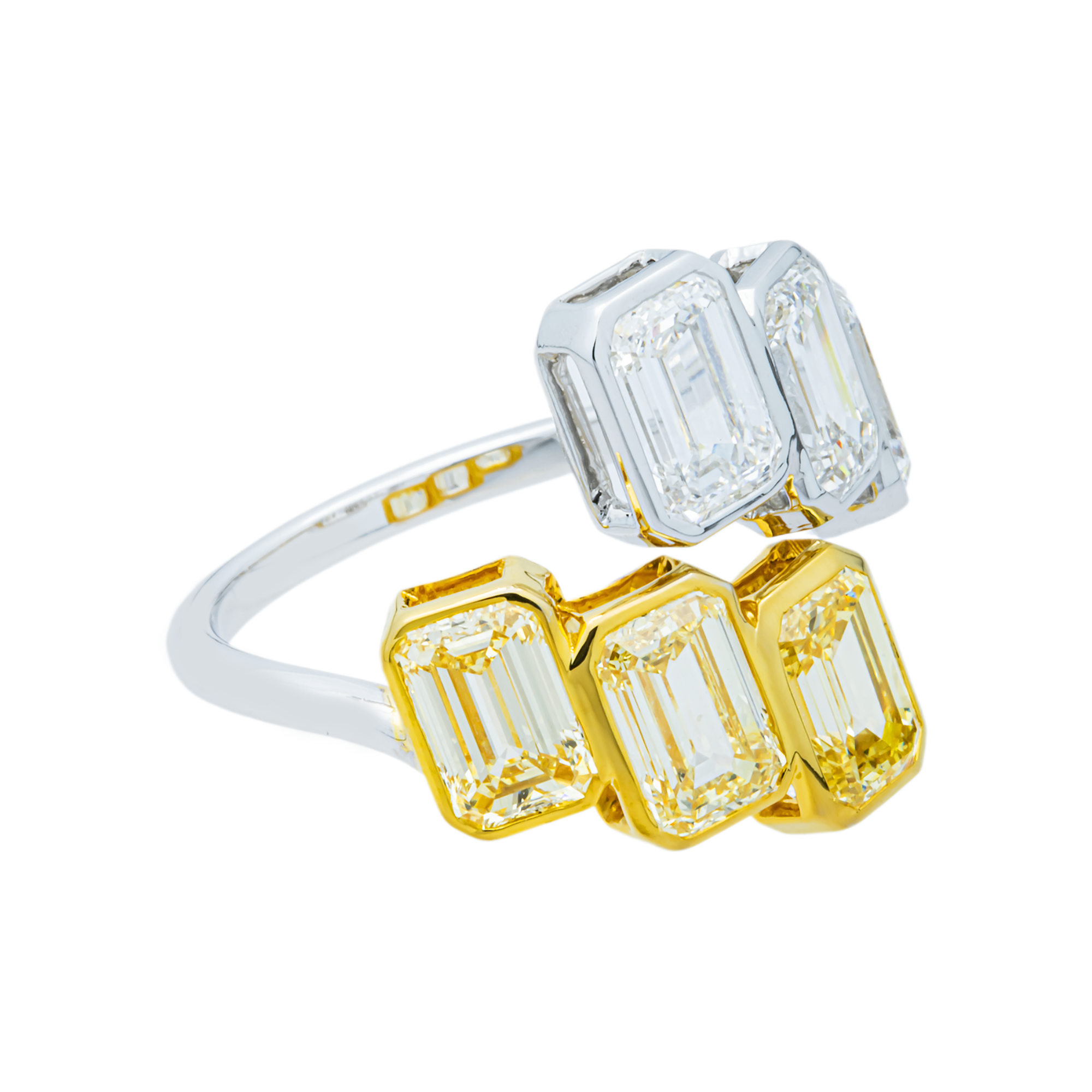 14K Two Tone Fancy Yellow & White Emerald Diamond Bypass Wrap Ring 4.50ct