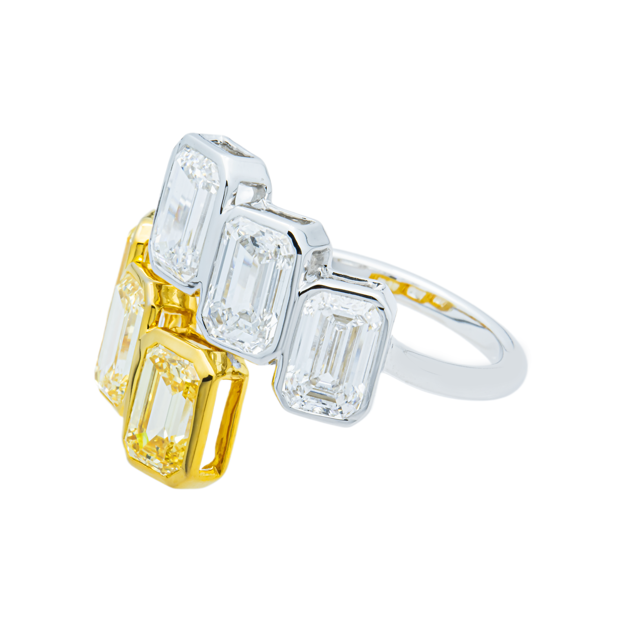 14K Two Tone Fancy Yellow & White Emerald Diamond Bypass Wrap Ring 4.50ct