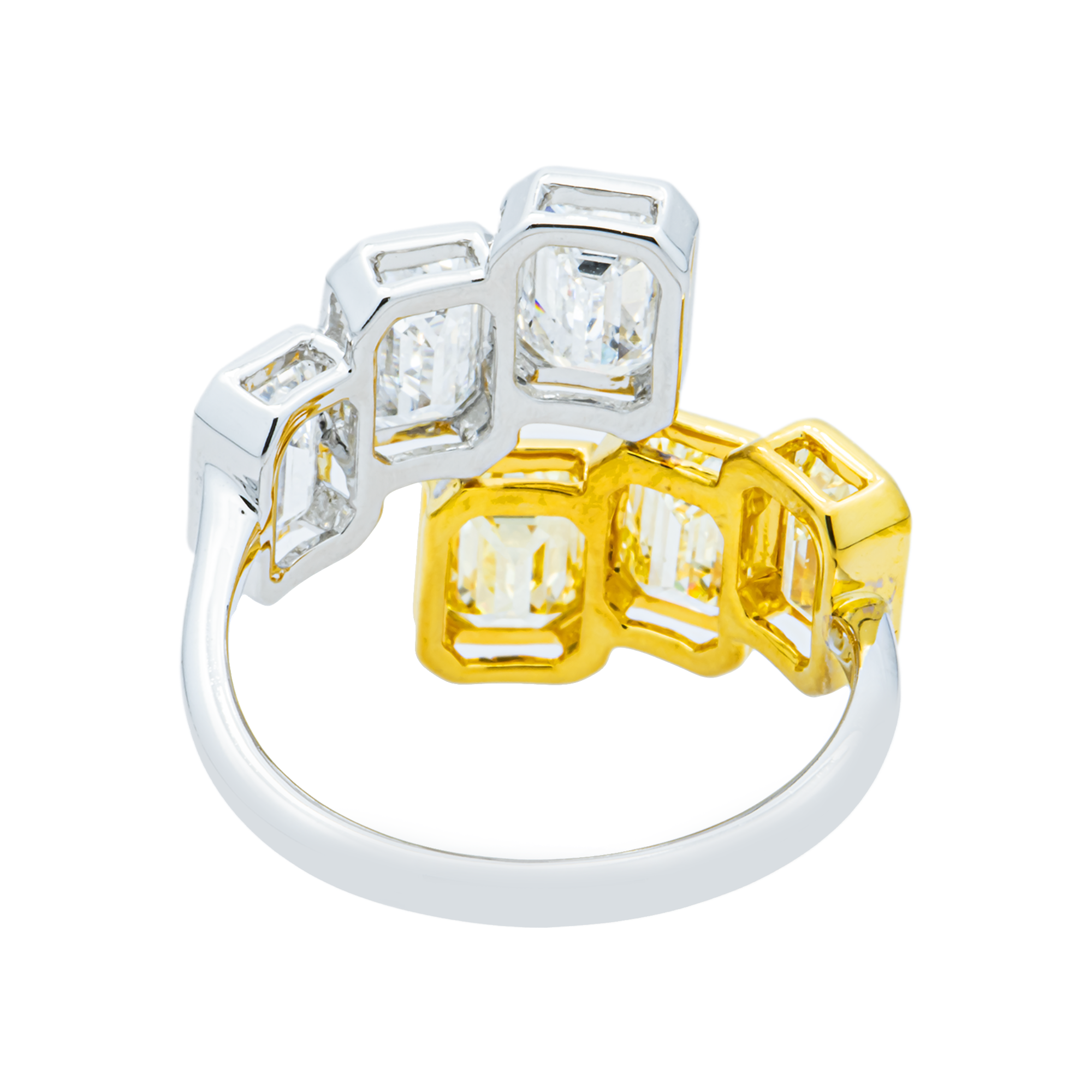 14K Two Tone Fancy Yellow & White Emerald Diamond Bypass Wrap Ring 4.50ct