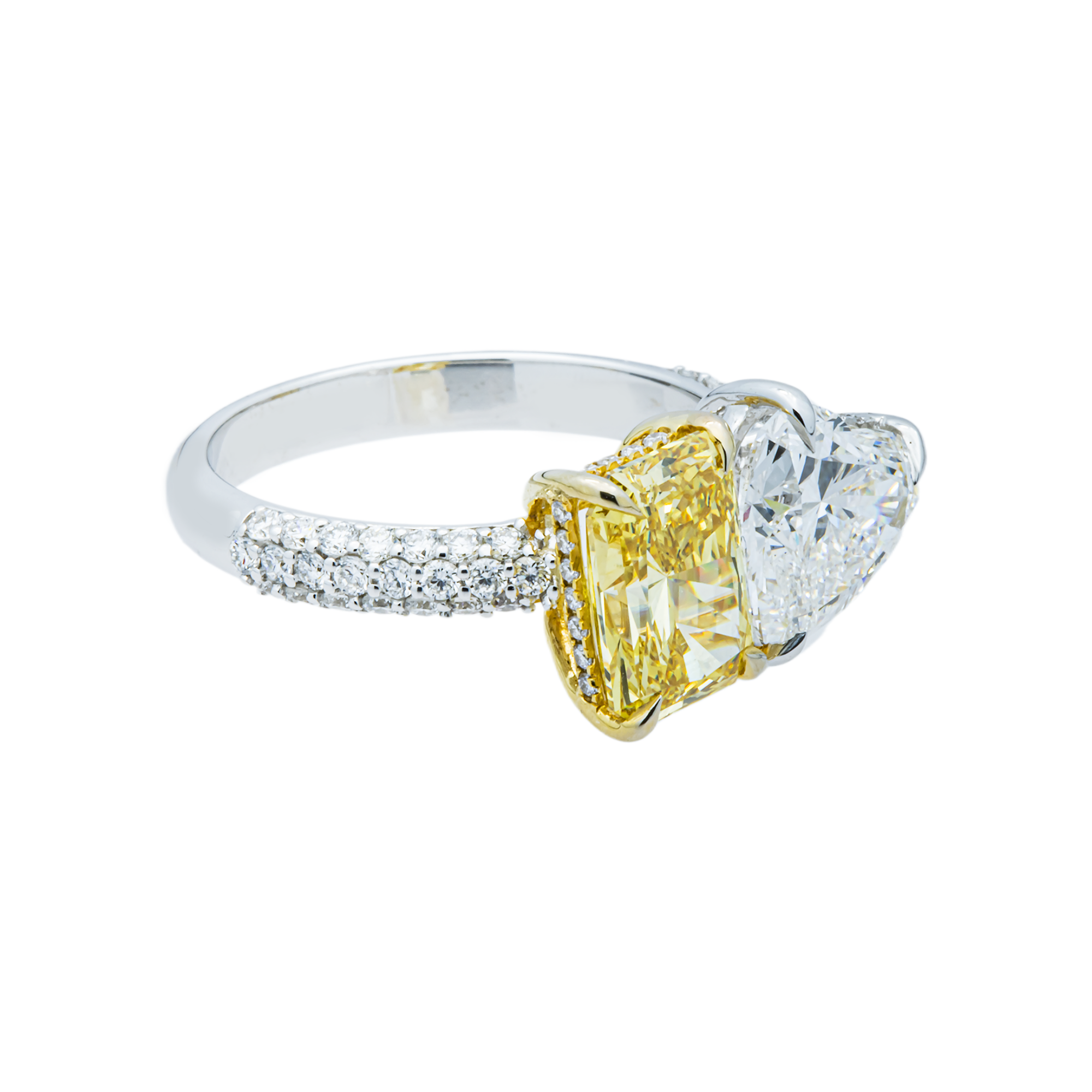 14K White Gold Heart & Fancy Yellow Radiant Diamond Toi Et Moi Ring 4.33ctw
