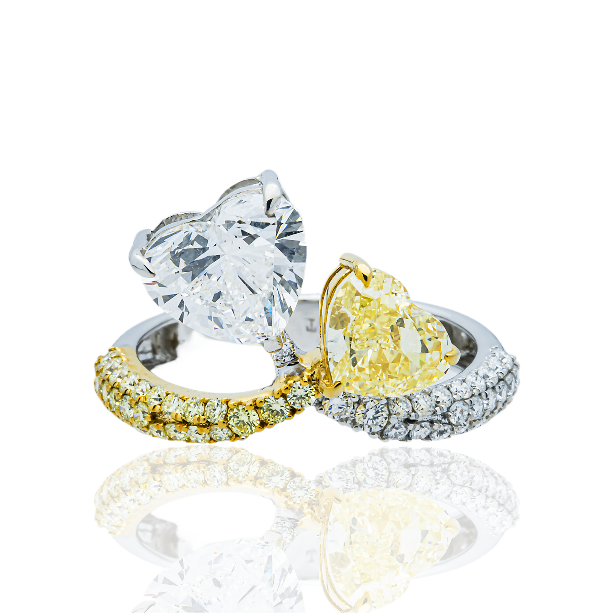 14K Two Tone Fancy Yellow & White Heart Diamond Ring 3.41ctw