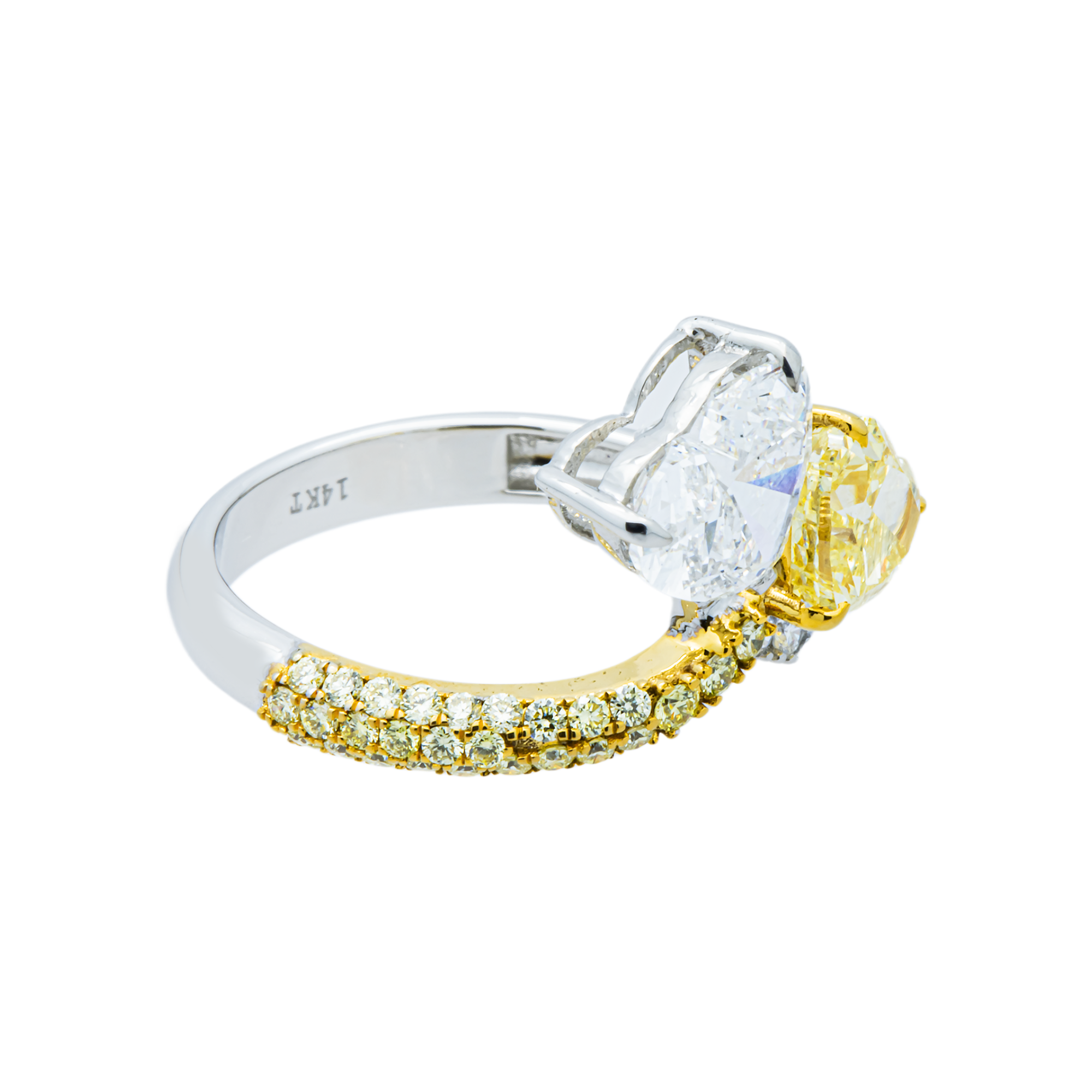 14K Two Tone Fancy Yellow & White Heart Diamond Ring 3.41ctw