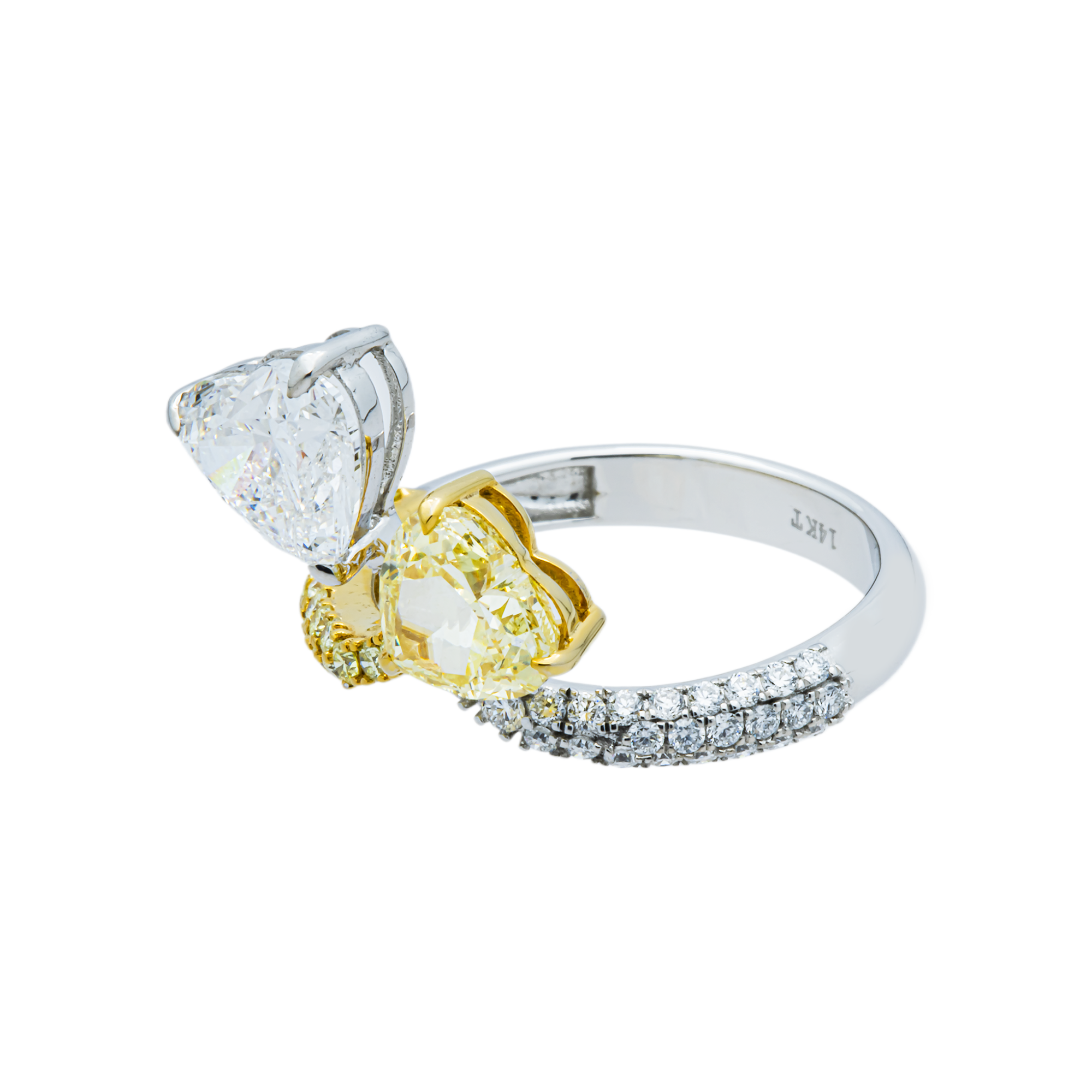 14K Two Tone Fancy Yellow & White Heart Diamond Ring 3.41ctw