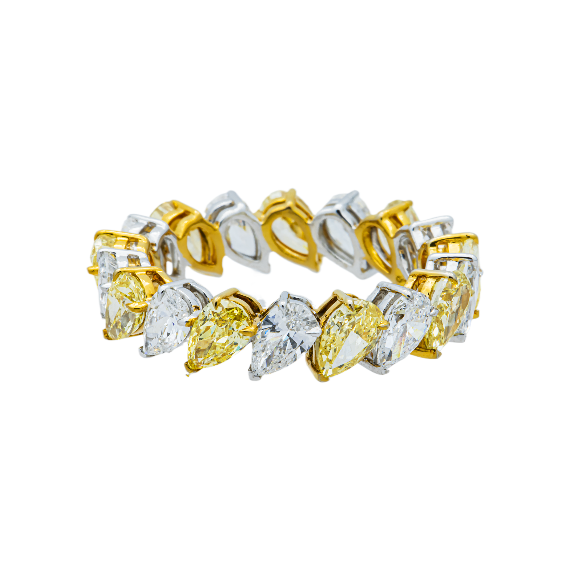 14K Two Tone Fancy Yellow & White Pear Diamond Eternity Ring 4.45ct (Size 6)