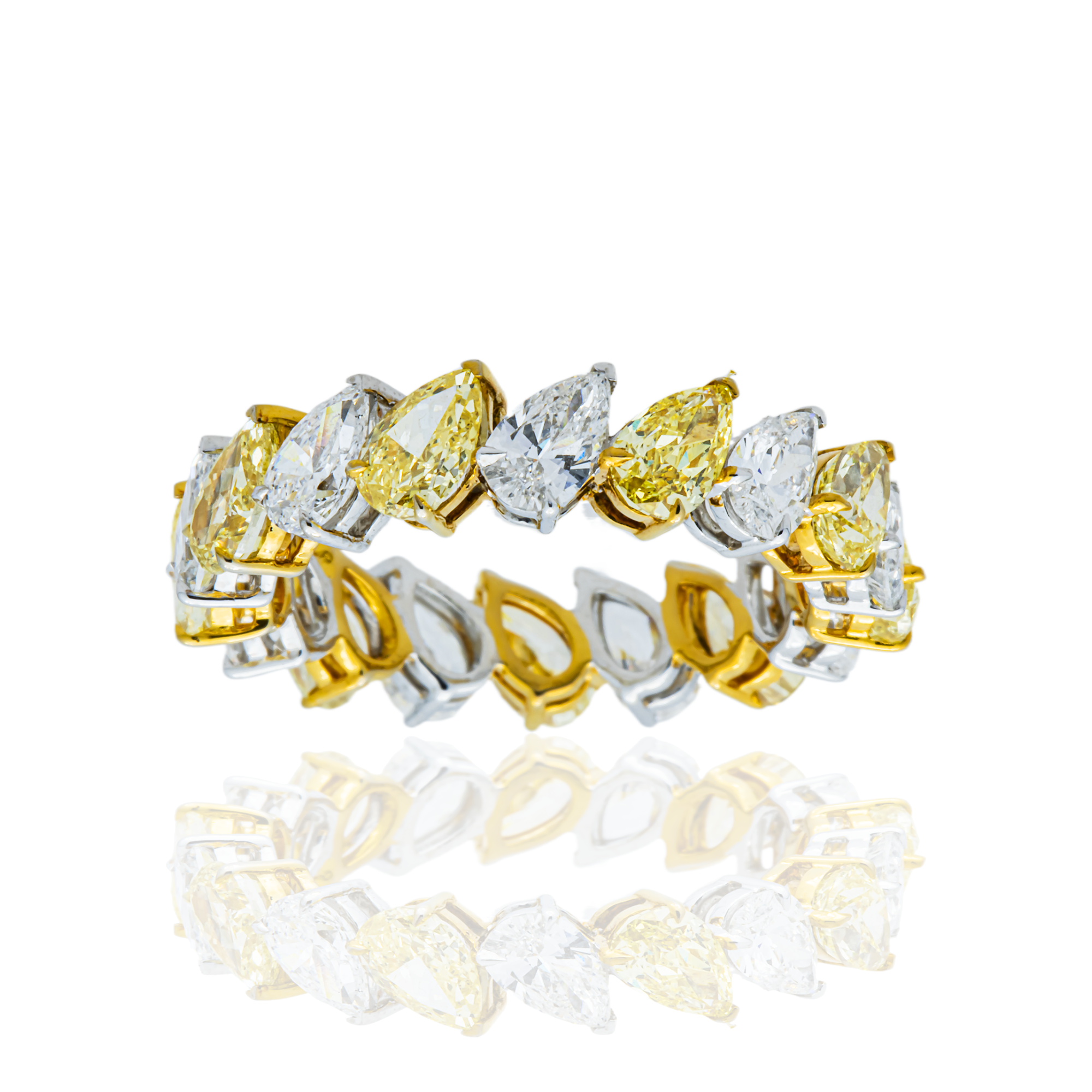 14K Two Tone Fancy Yellow & White Pear Diamond Eternity Ring 4.45ct (Size 6)