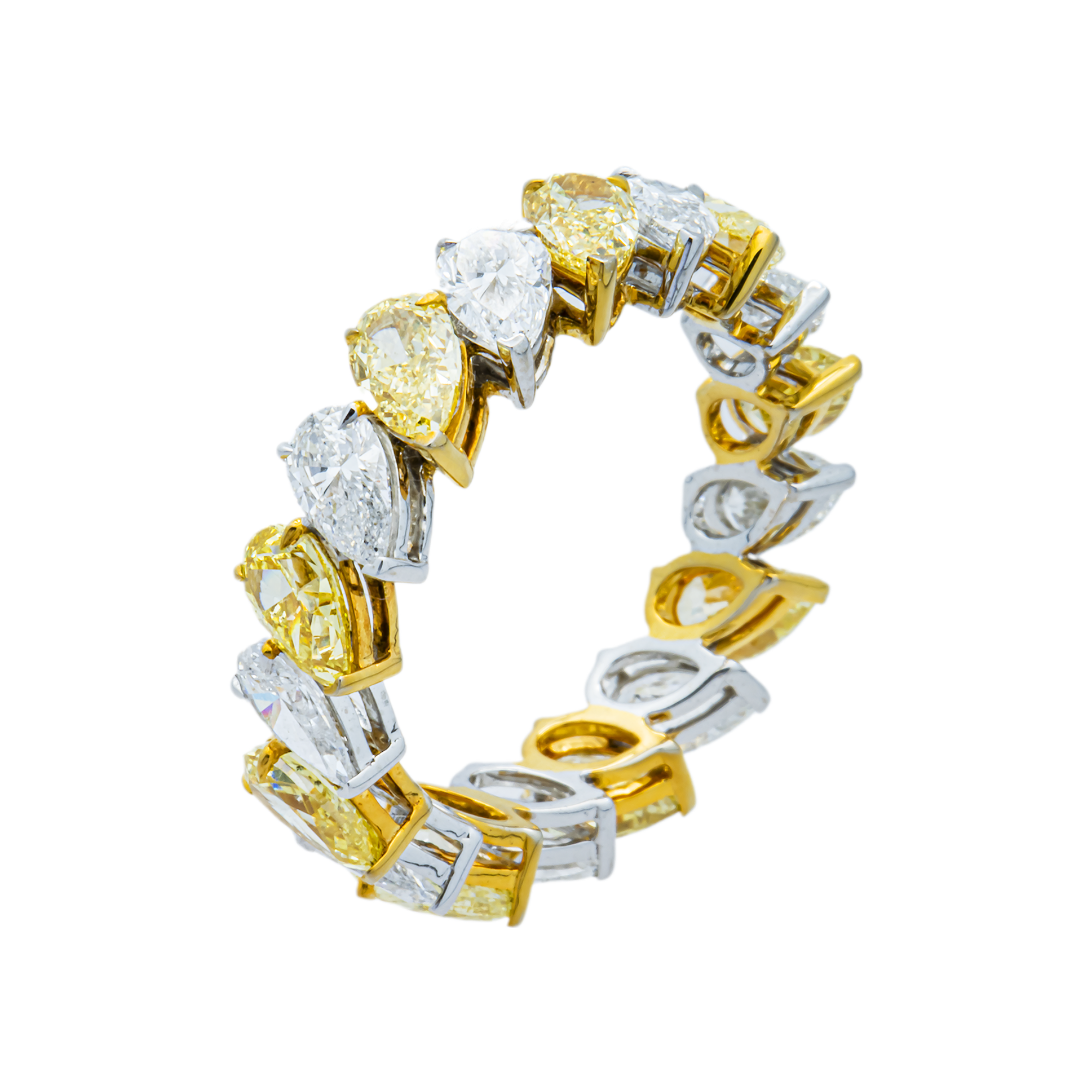 14K Two Tone Fancy Yellow & White Pear Diamond Eternity Ring 4.45ct (Size 6)