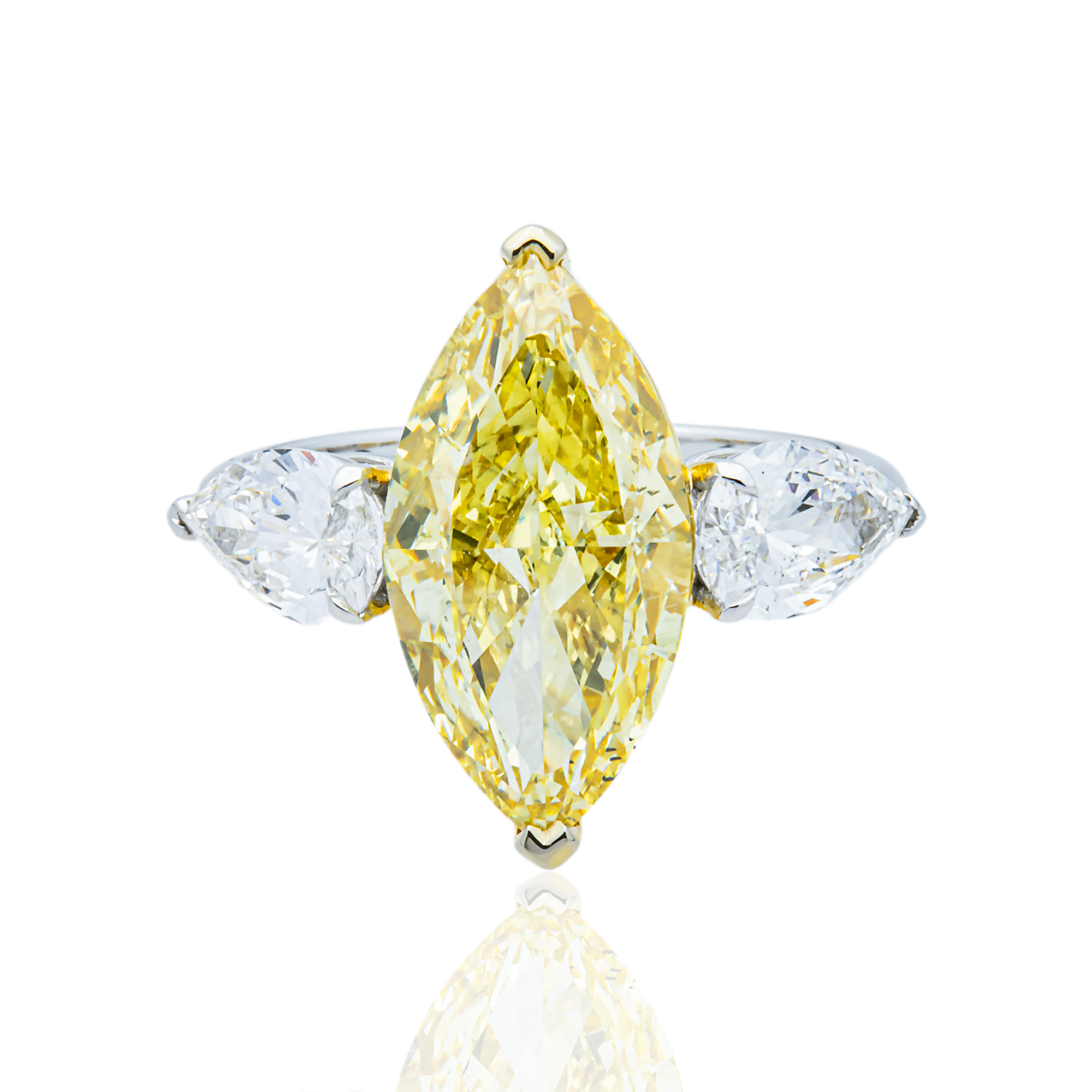 14K White Gold 5.36ct Marquise Fancy Yellow & Pear White Diamond Ring 6.80ctw