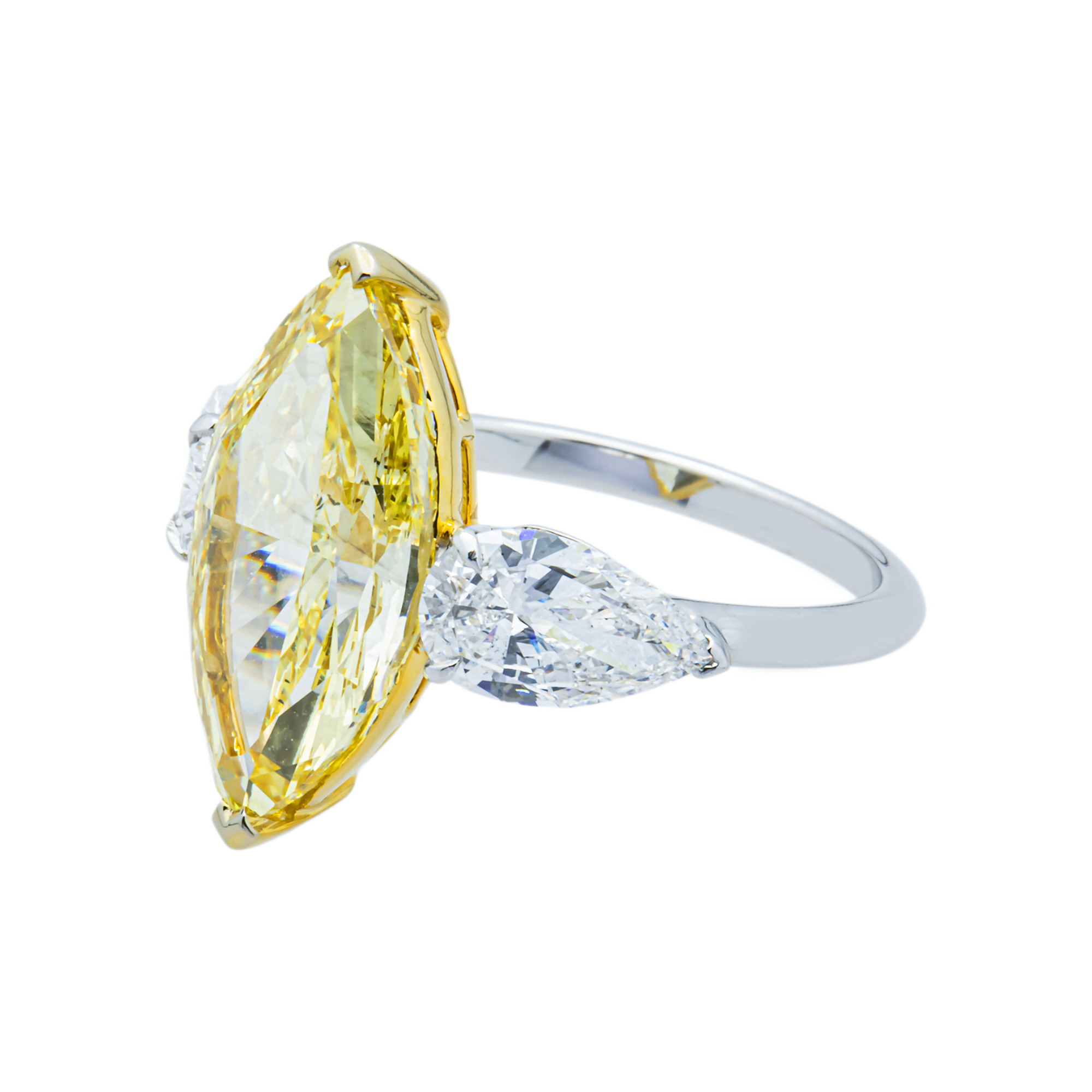 14K White Gold 5.36ct Marquise Fancy Yellow & Pear White Diamond Ring 6.80ctw