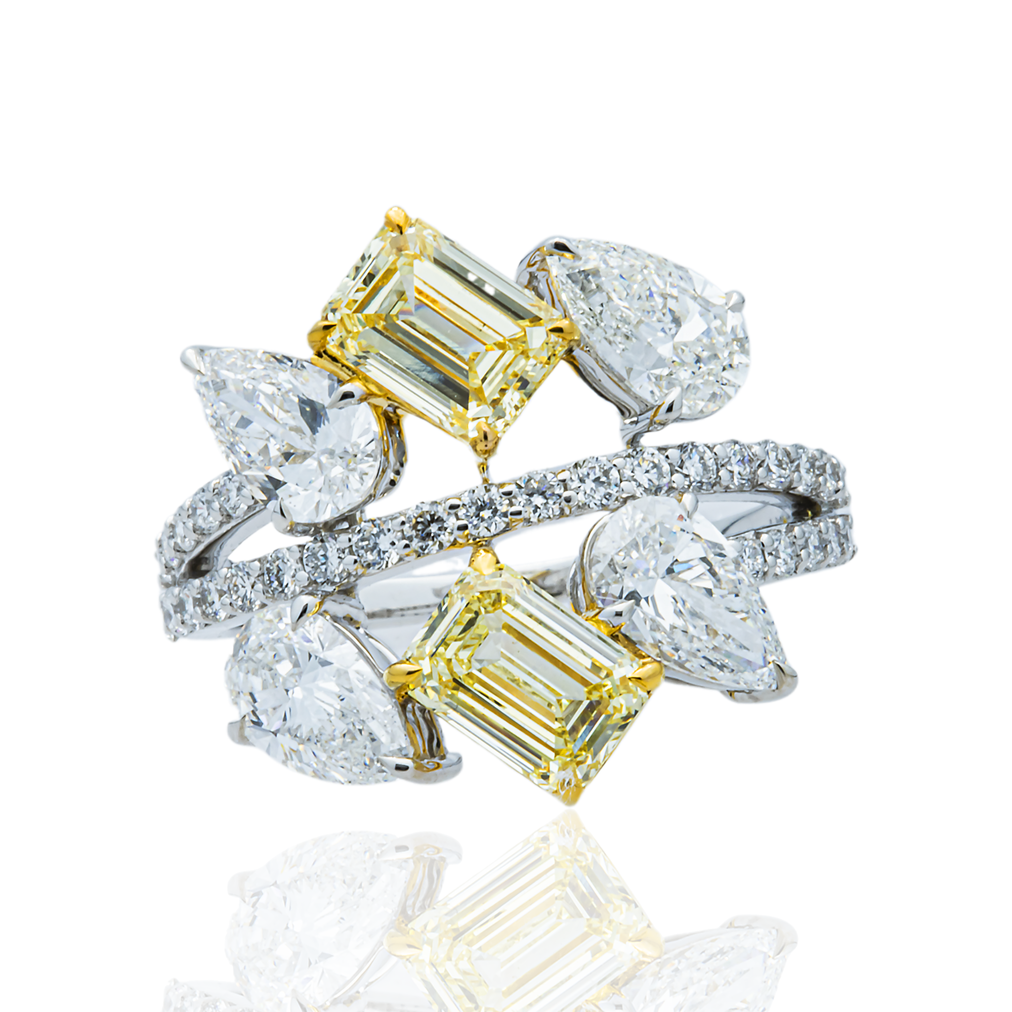 14K Two Tone Fancy Yellow & Multi Shape Diamond Ring 4.29ct