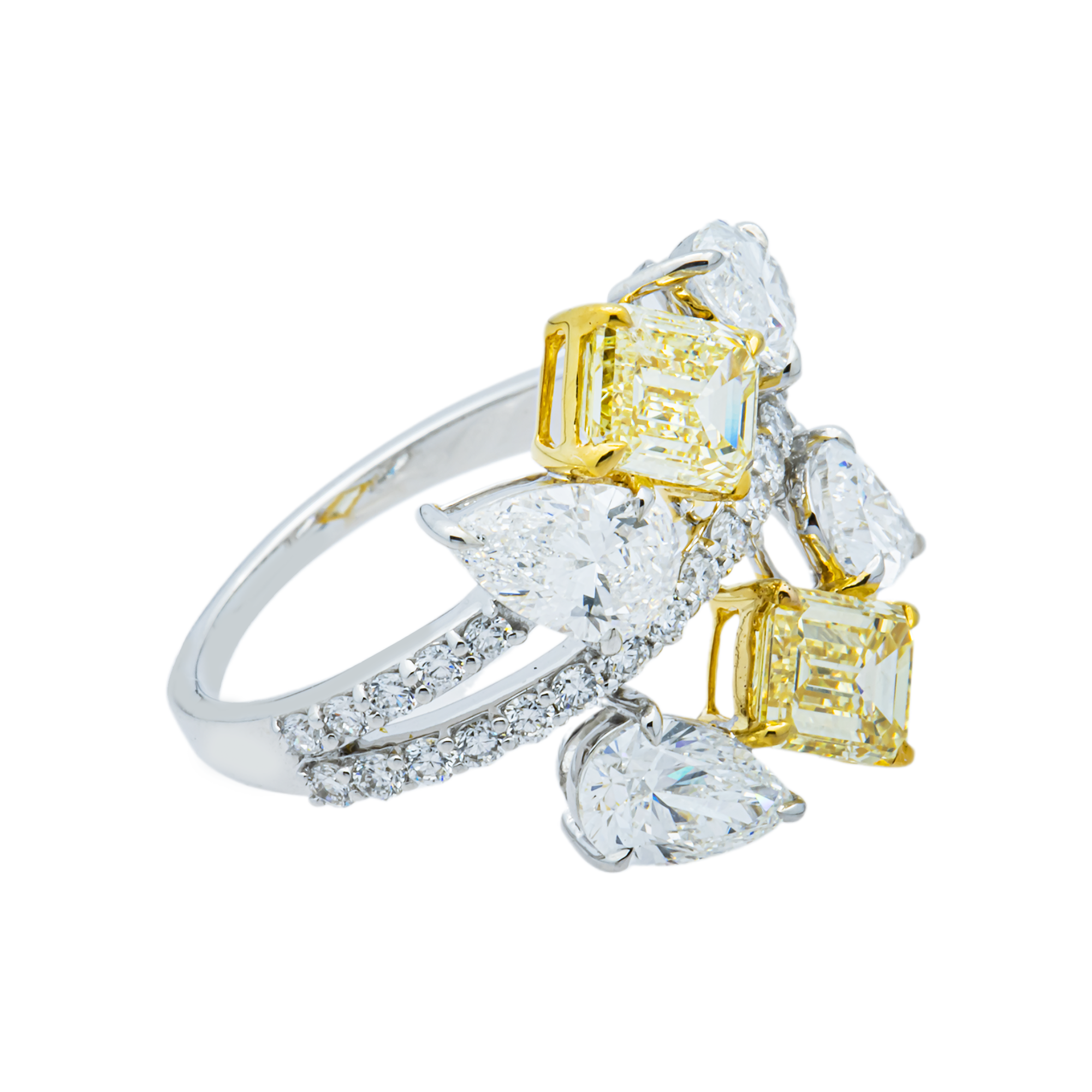 14K Two Tone Fancy Yellow & Multi Shape Diamond Ring 4.29ct