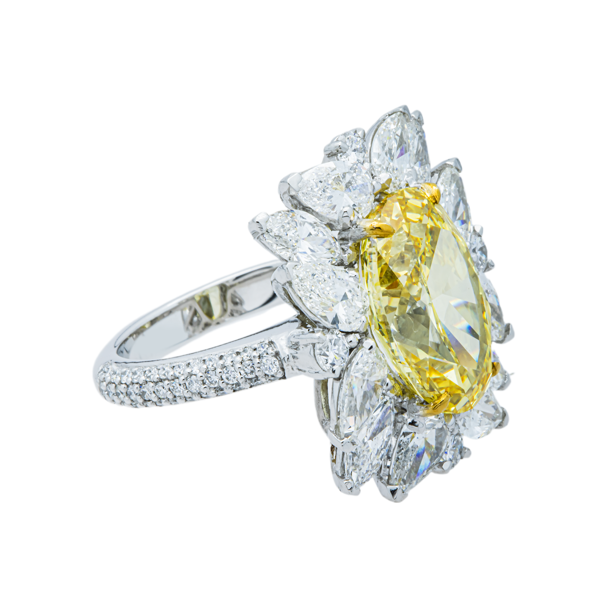 14K White Gold 6.49ct Oval Fancy Yellow & White Diamond Ring 10.50ctw