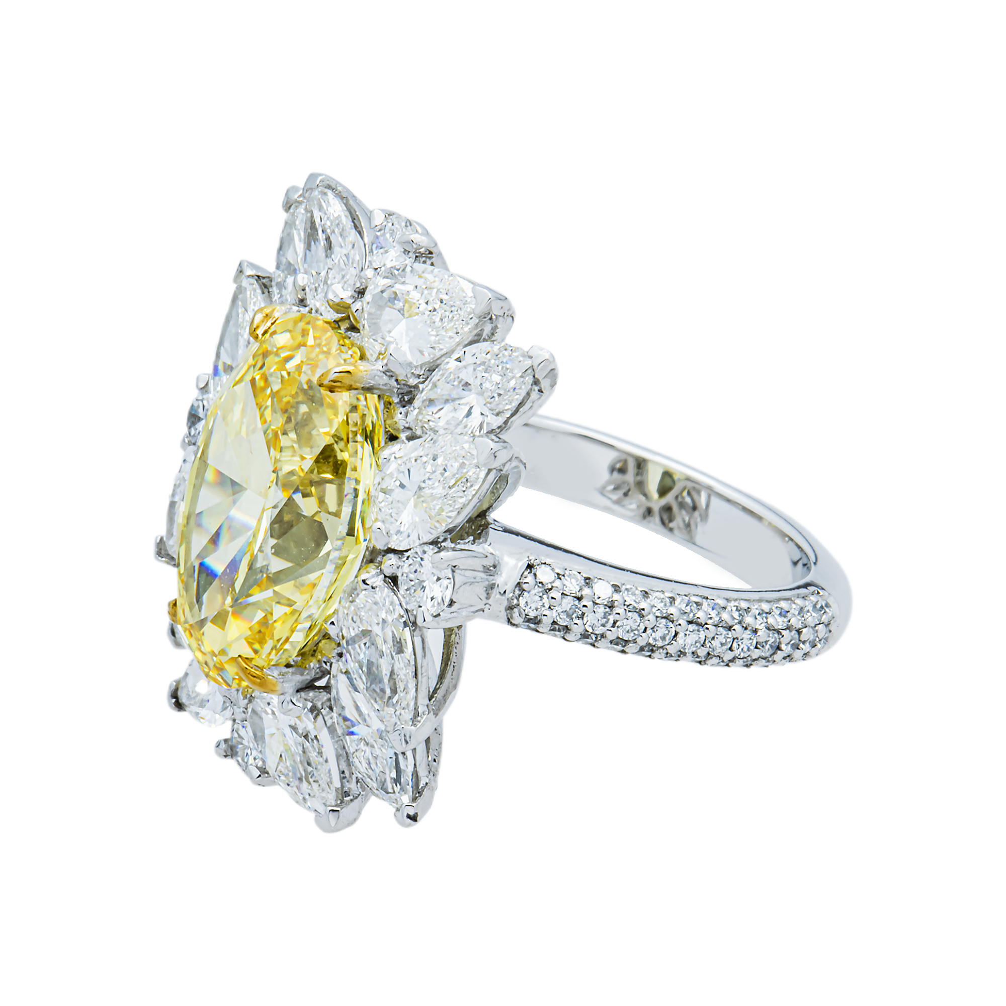 14K White Gold 6.49ct Oval Fancy Yellow & White Diamond Ring 10.50ctw