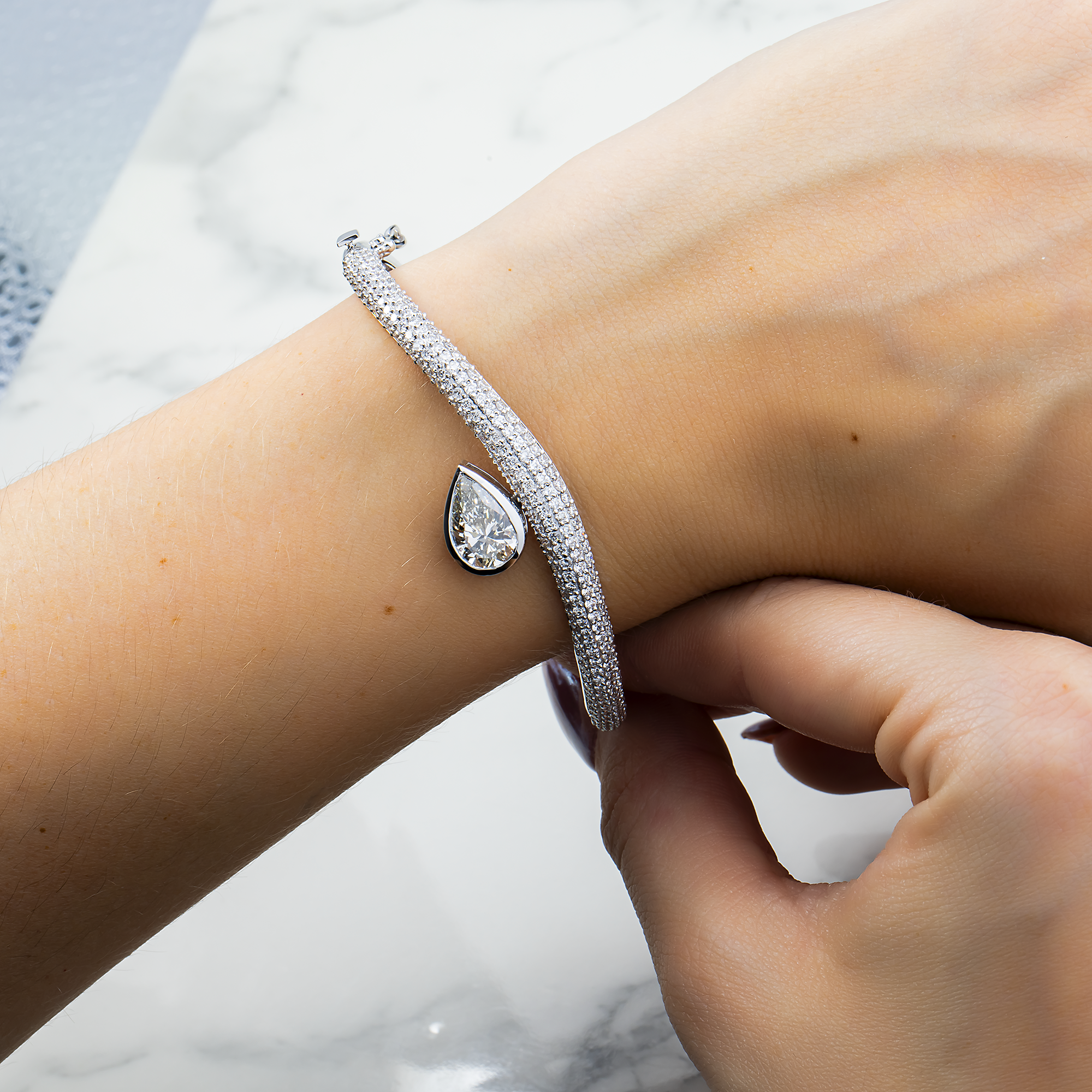 14K White Gold Pear & Round Diamond Wavy Bangle Bracelet 4.89ct