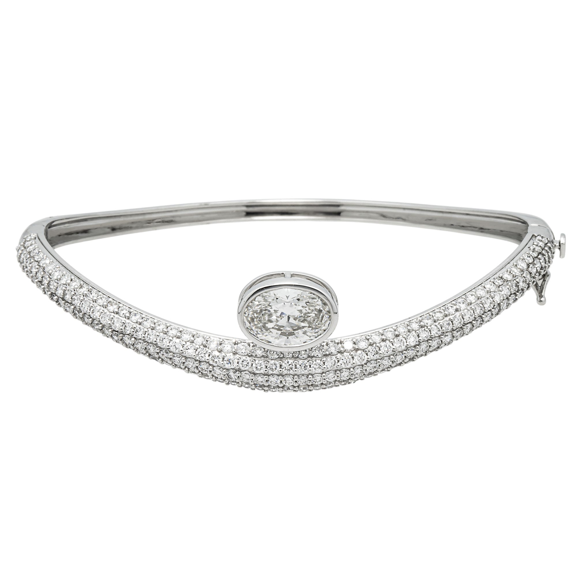 14K White Gold Oval & Round Diamond Wavy Bangle Bracelet 4.20ct