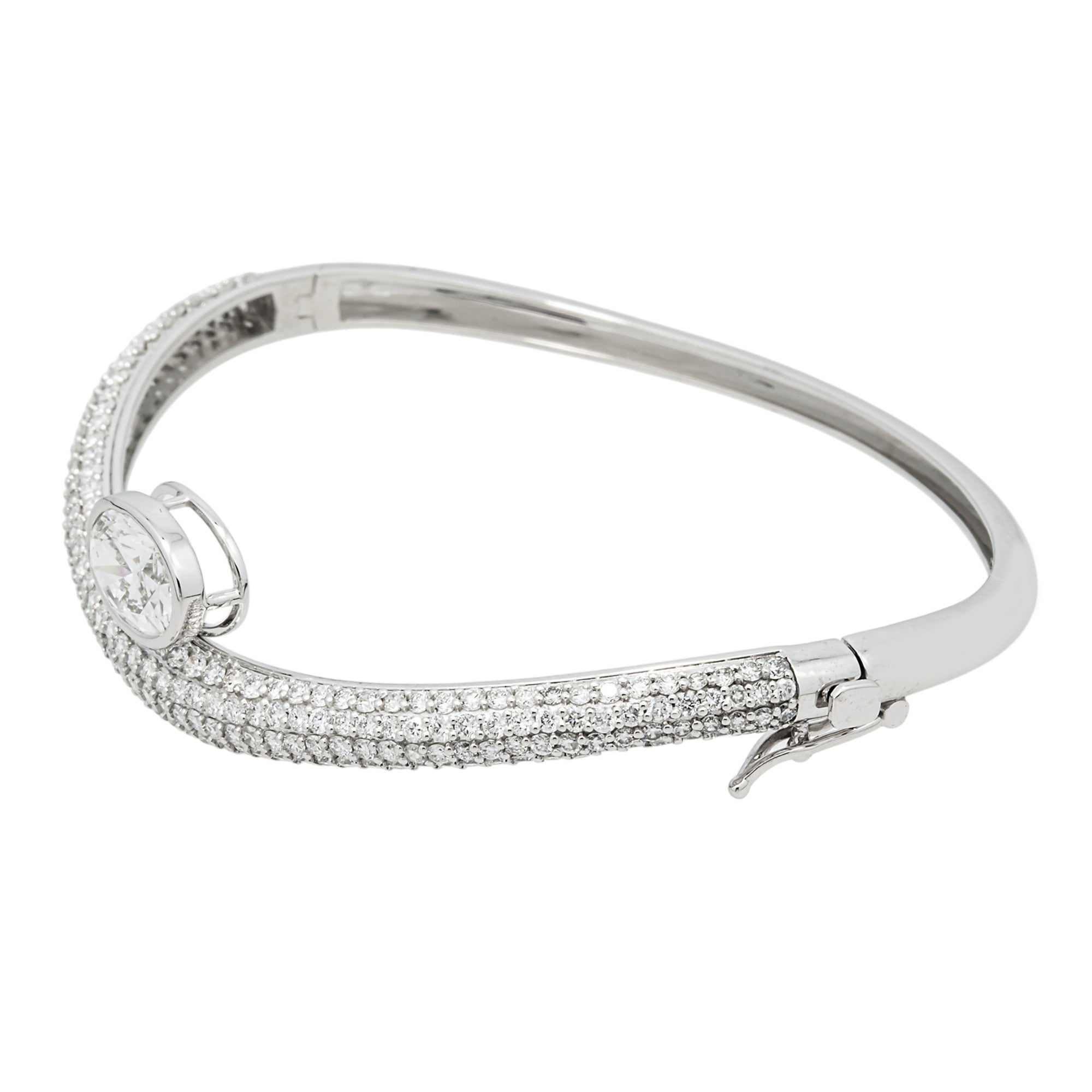 14K White Gold Oval & Round Diamond Wavy Bangle Bracelet 4.20ct