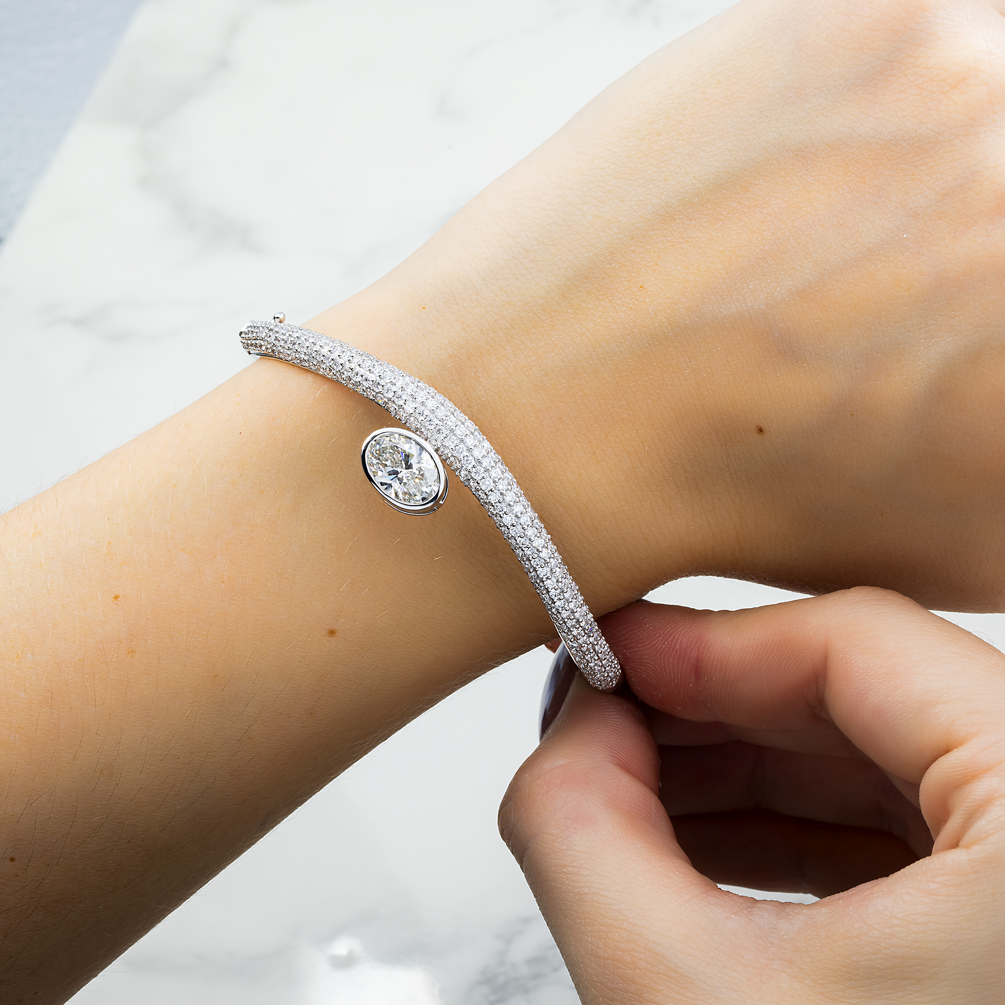 14K White Gold Oval & Round Diamond Wavy Bangle Bracelet 4.20ct
