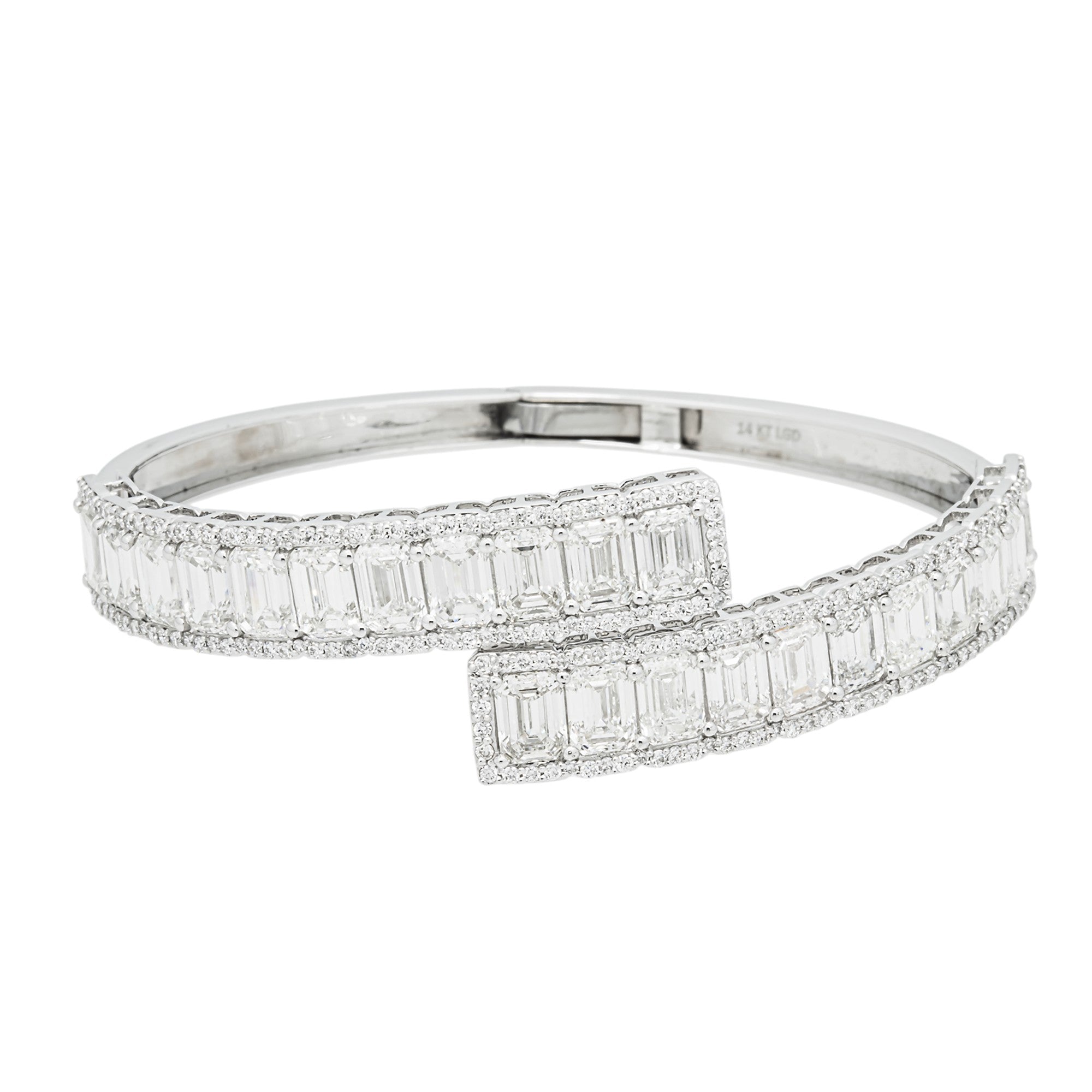 14K White Gold Emerald & Round Diamond Wrap Bangle Bracelet 12.90ct