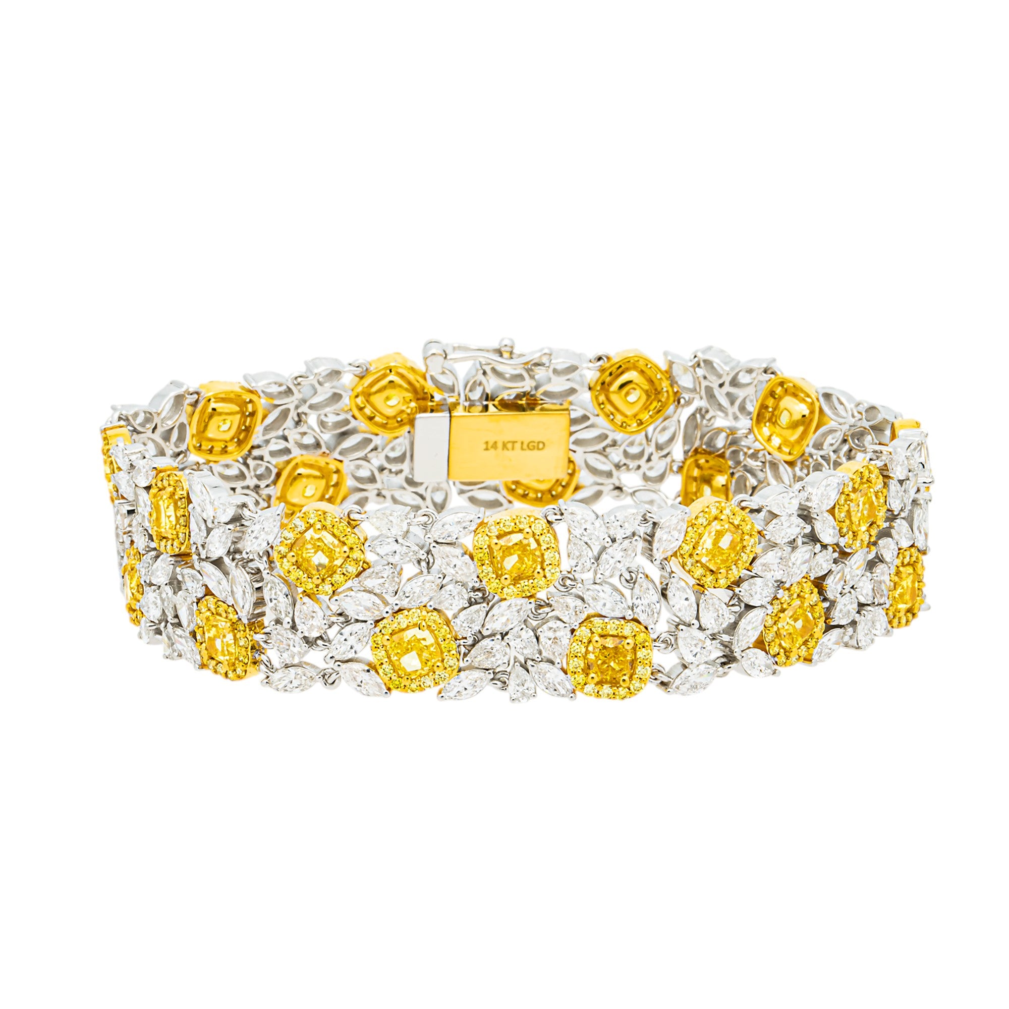 14K Two Tone Multi Shape Fancy Yellow & White Diamond Bracelet 18.82ct