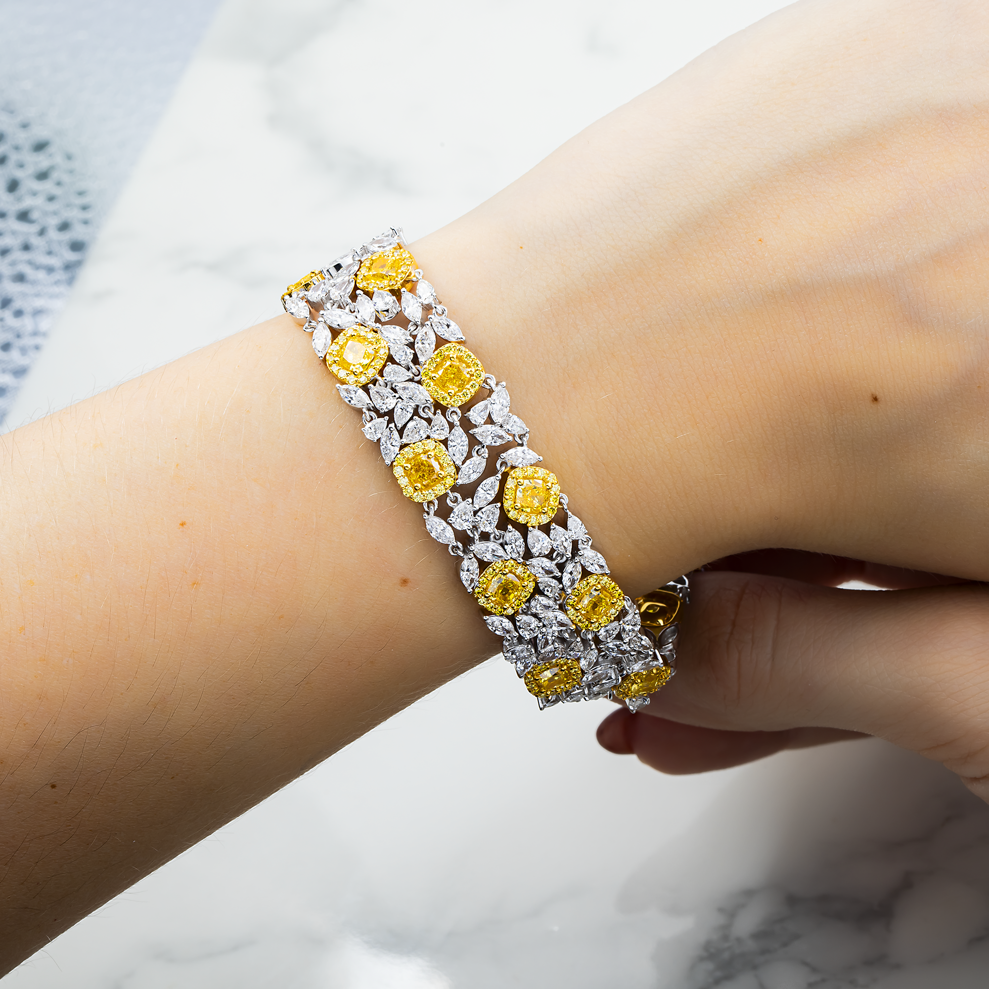 14K Two Tone Multi Shape Fancy Yellow & White Diamond Bracelet 18.82ct