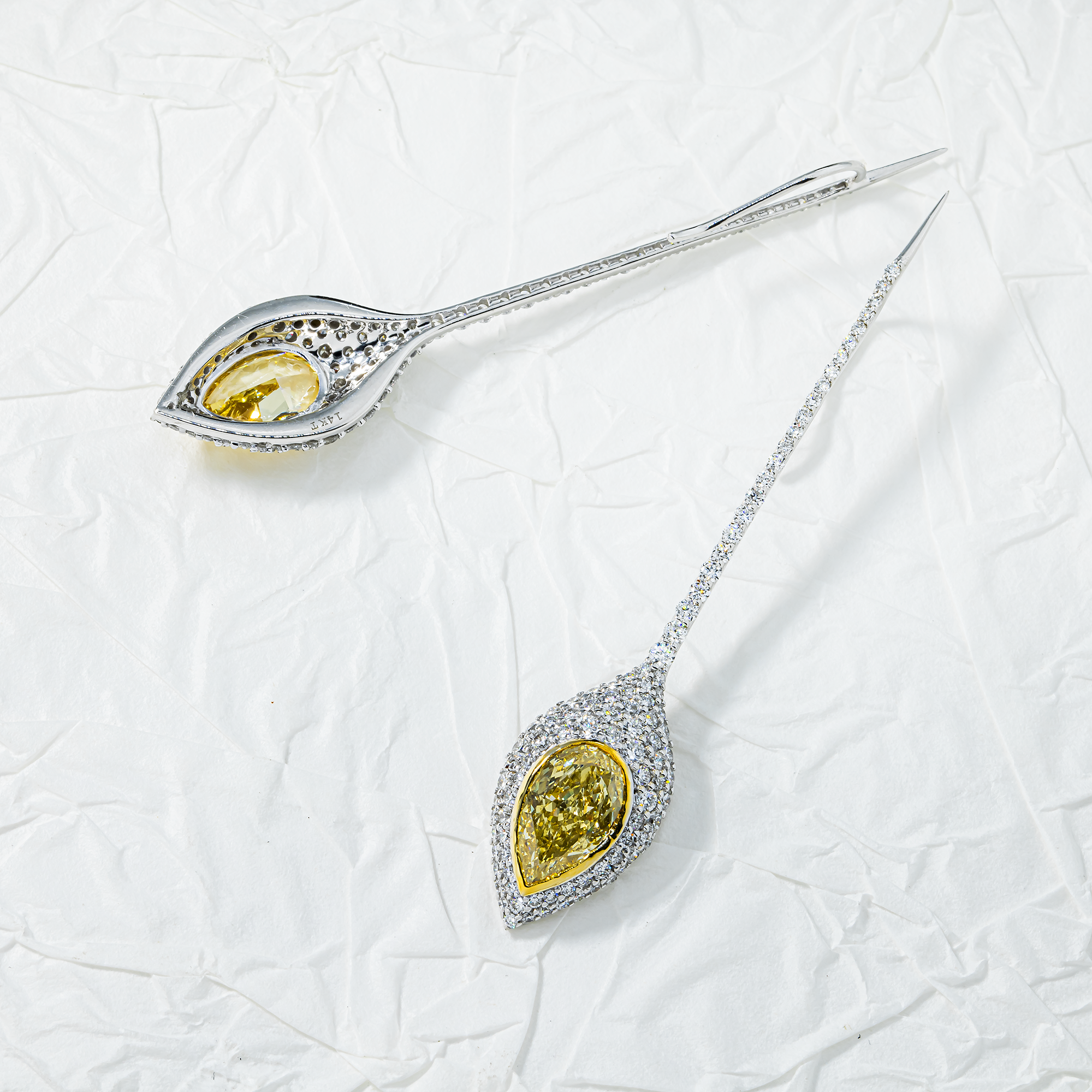 14K White Gold Fancy Yellow Diamond Siren Eye Drop Earrings 5.97ctw