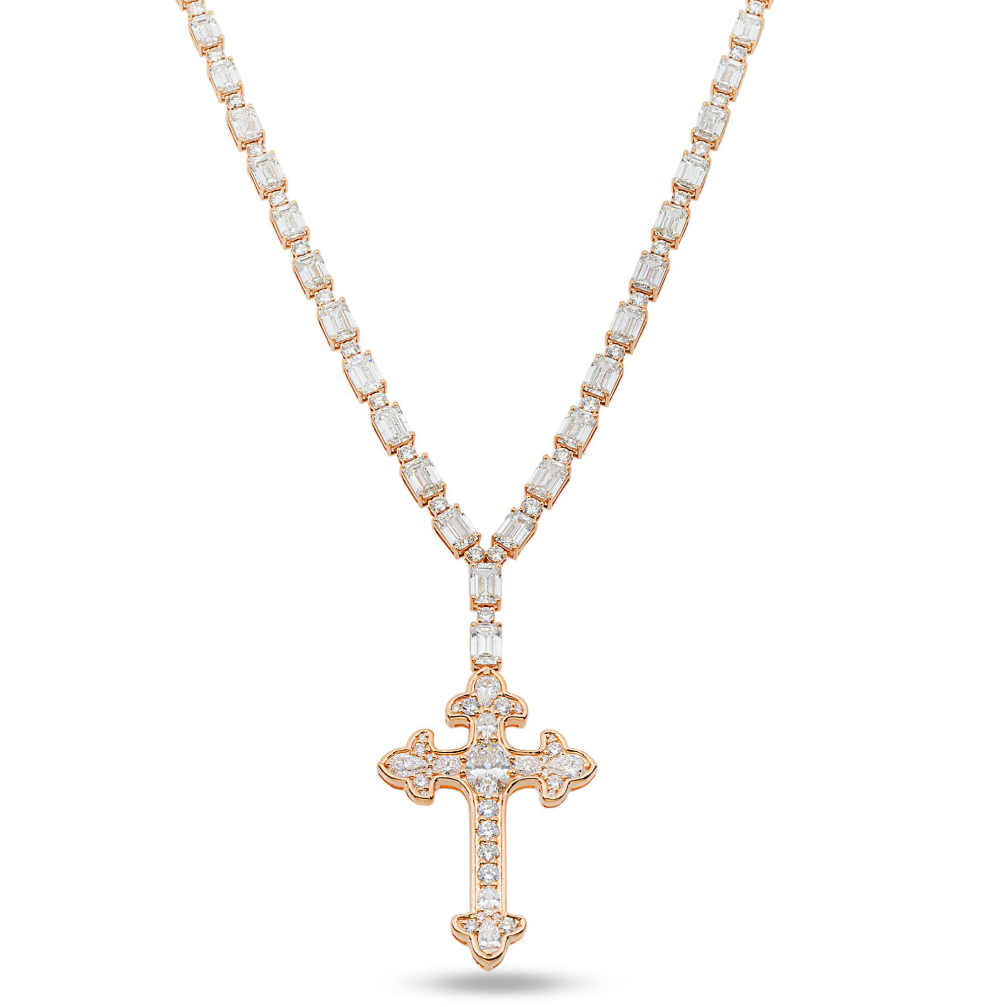 14K Rose Gold Emerald & Round Diamond Cross Pendant Drop Necklace 46.16ct