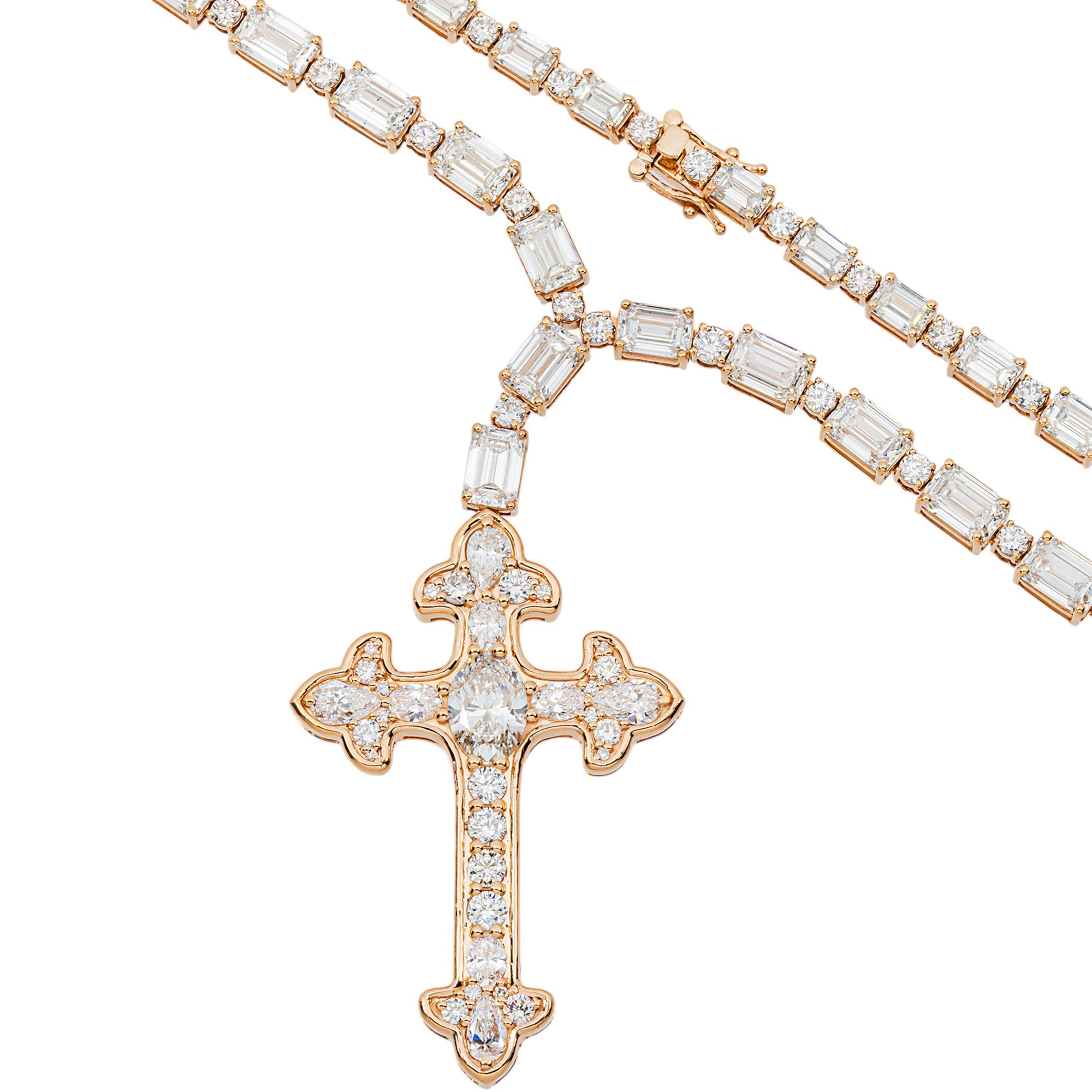 14K Rose Gold Emerald & Round Diamond Cross Pendant Drop Necklace 46.16ct