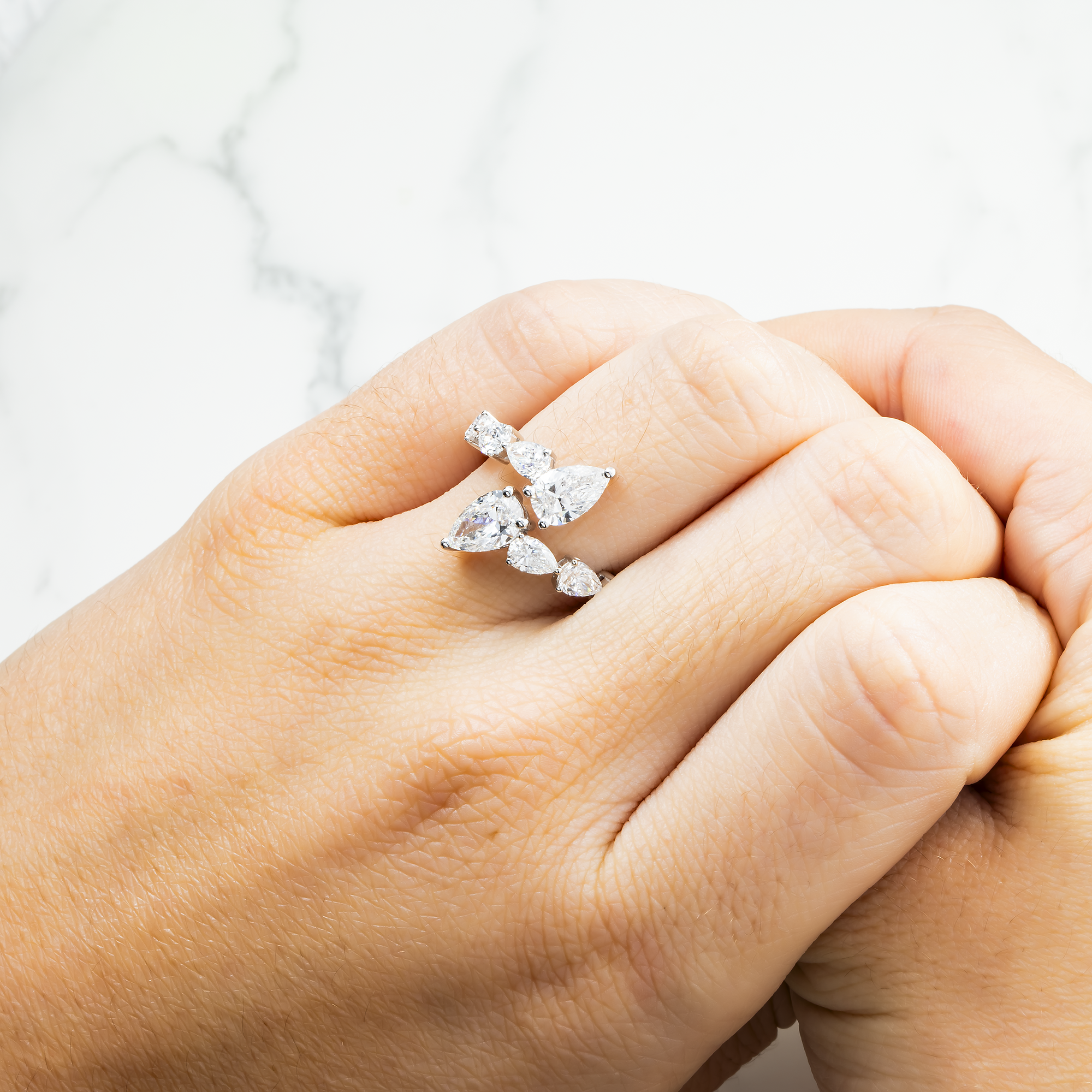 14K White Gold Pear Diamond Bypass Wrap Ring 3.04ct
