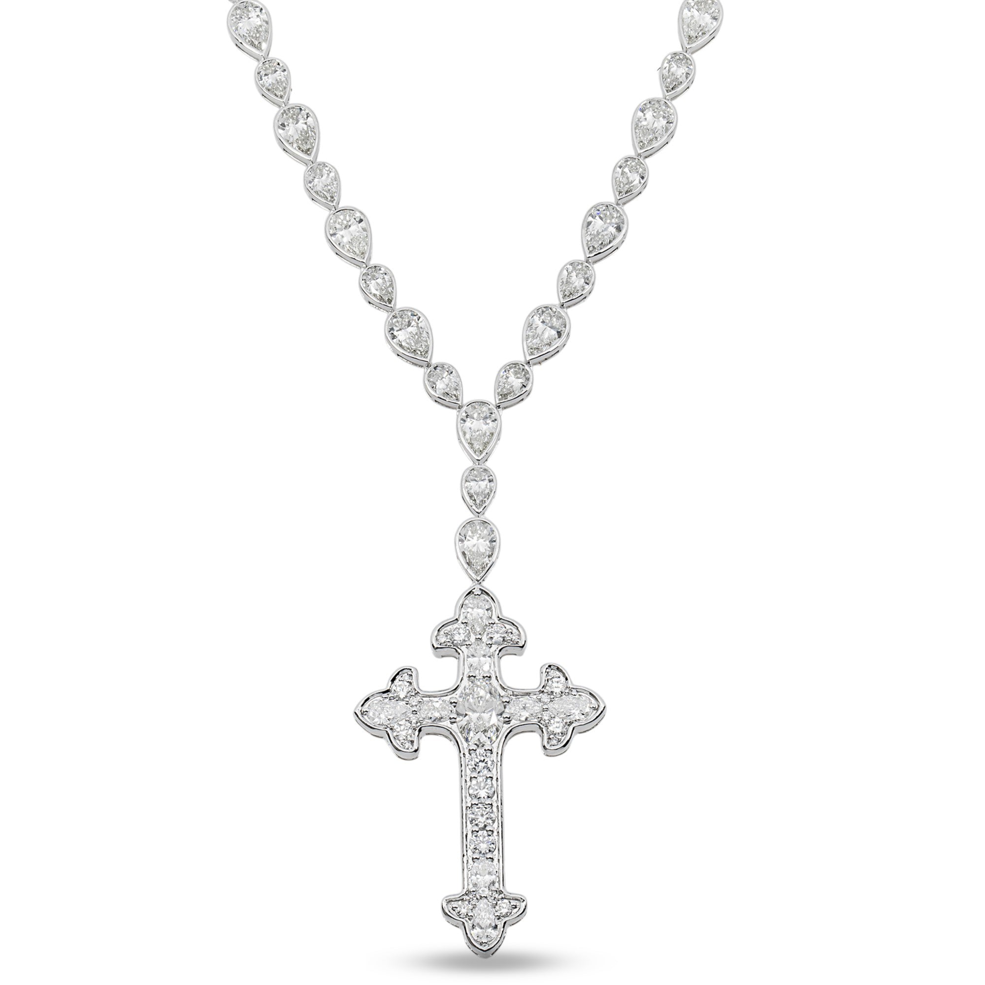 14K White Gold Pear Diamond Cross Pendant Drop Necklace 45.70ct