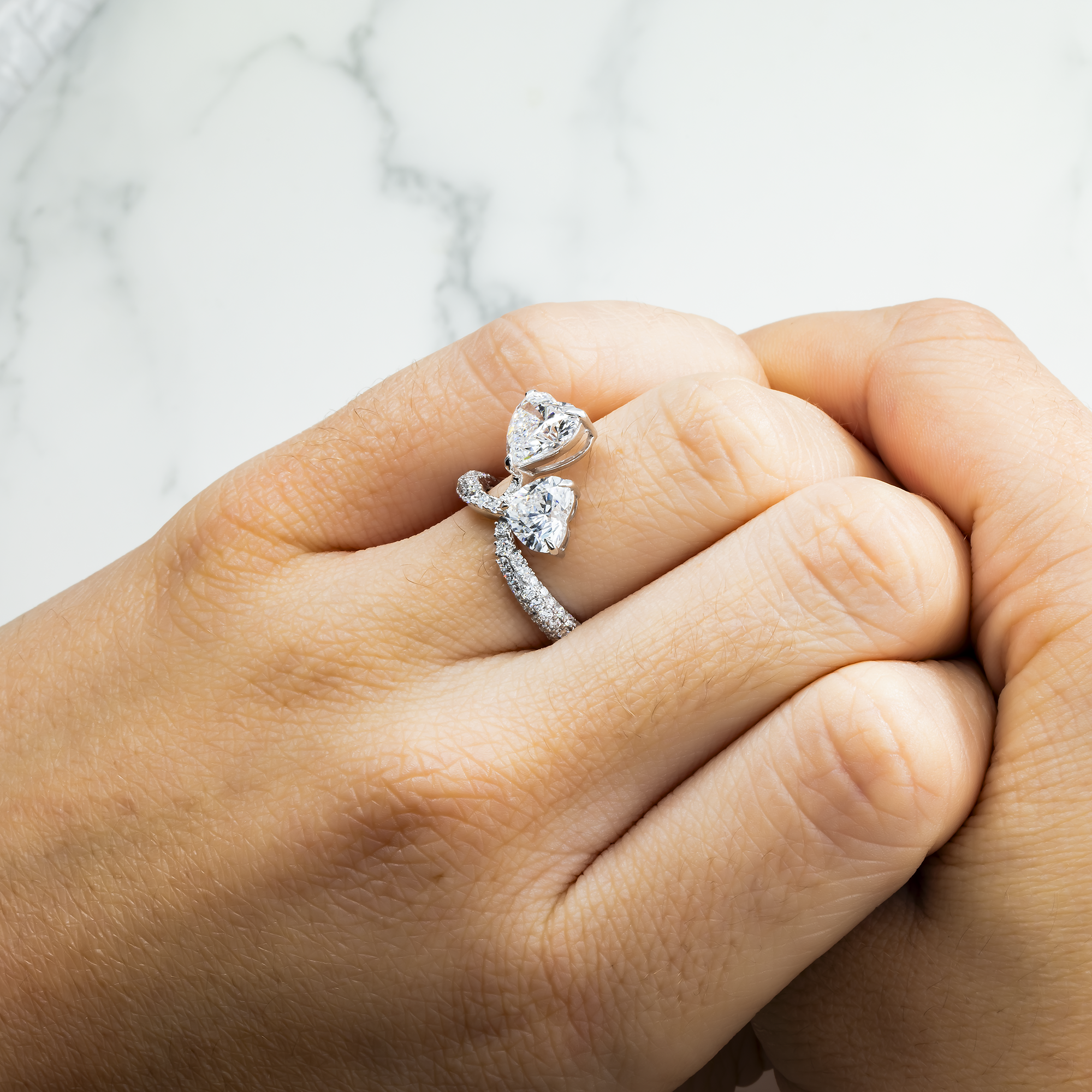 14K White Gold Double Heart & Round Diamond Ring 3.58ctw