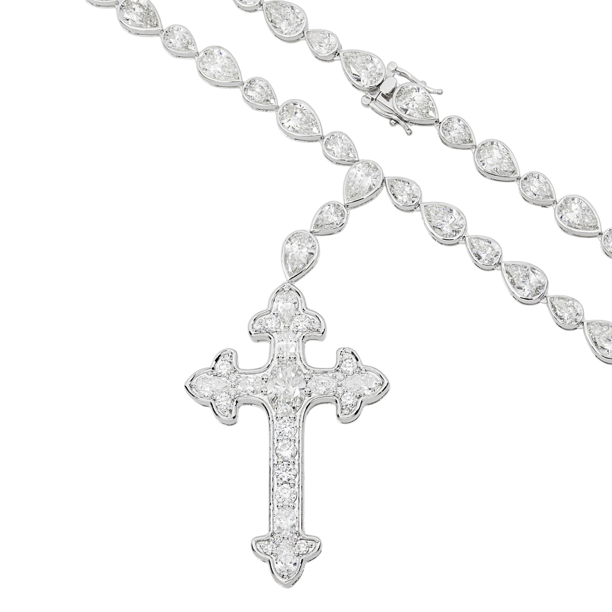 14K White Gold Pear Diamond Cross Pendant Drop Necklace 45.70ct