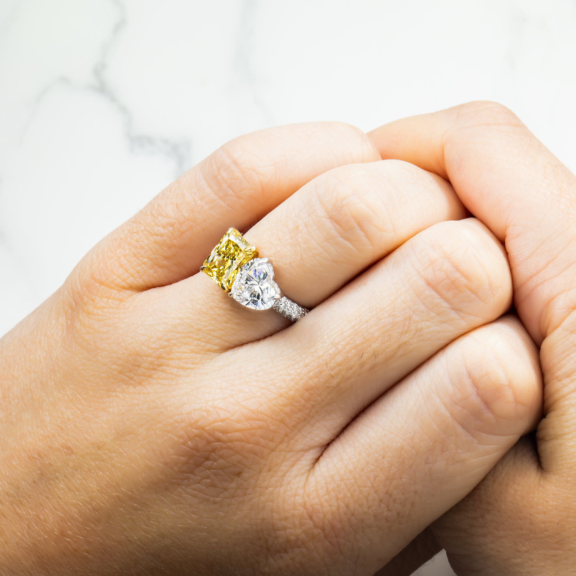 14K White Gold Heart & Fancy Yellow Radiant Diamond Toi Et Moi Ring 4.33ctw