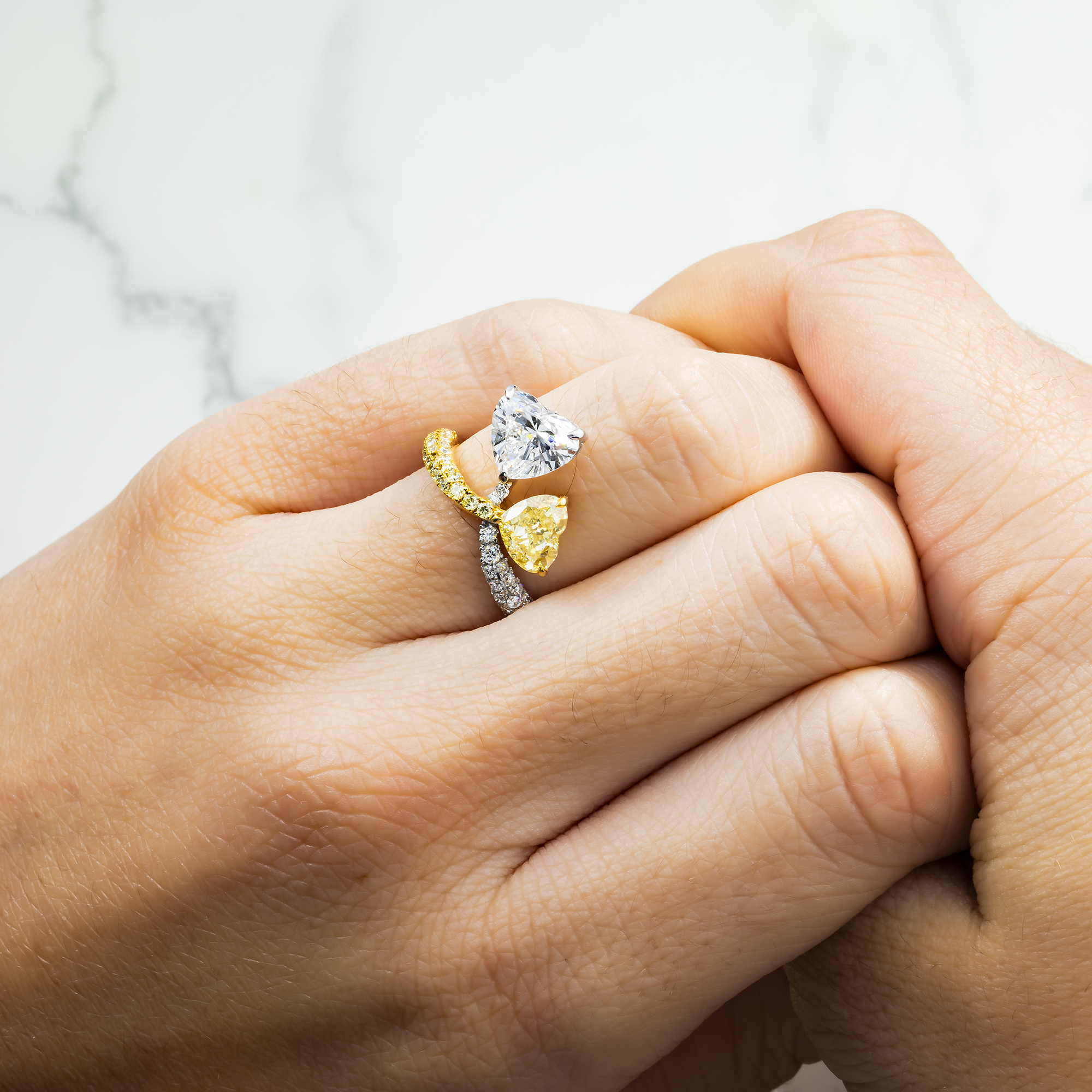 14K Two Tone Fancy Yellow & White Heart Diamond Ring 3.41ctw