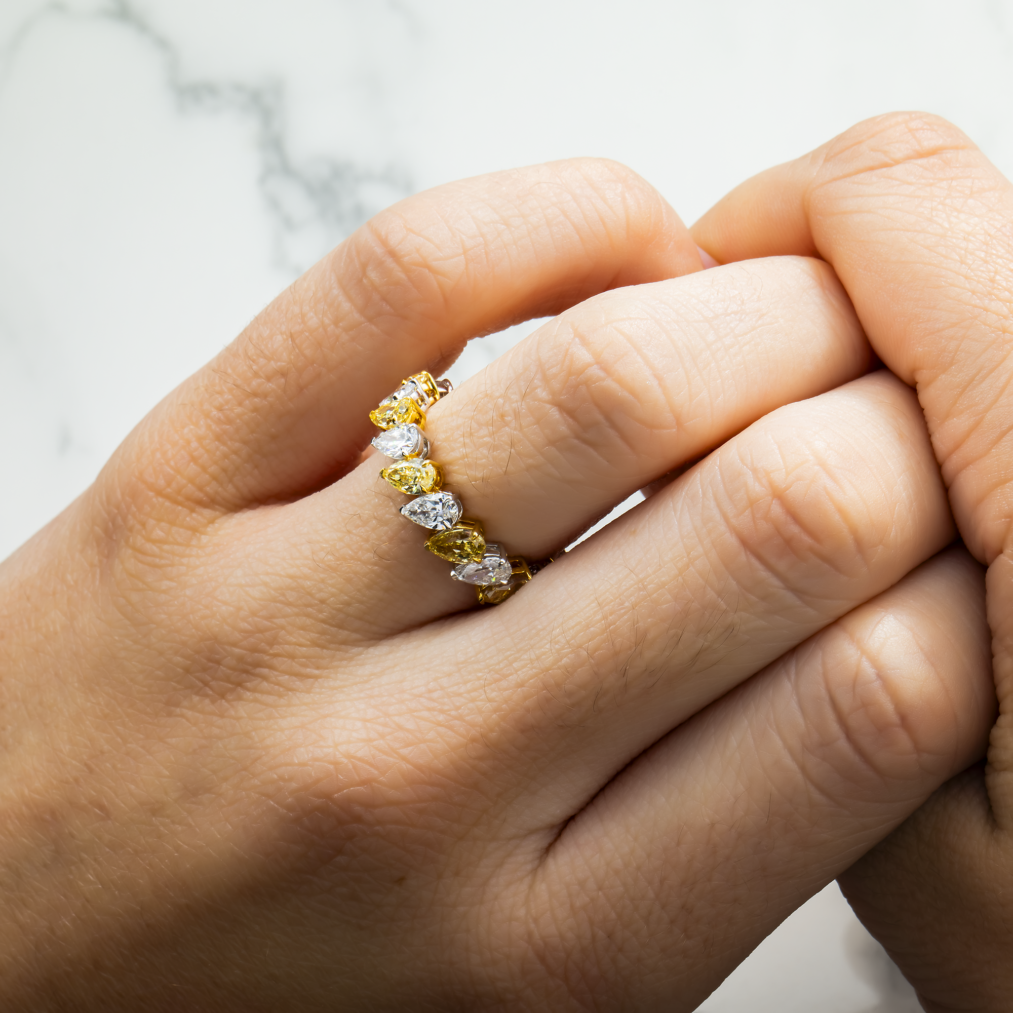 14K Two Tone Fancy Yellow & White Pear Diamond Eternity Ring 4.45ct (Size 6)