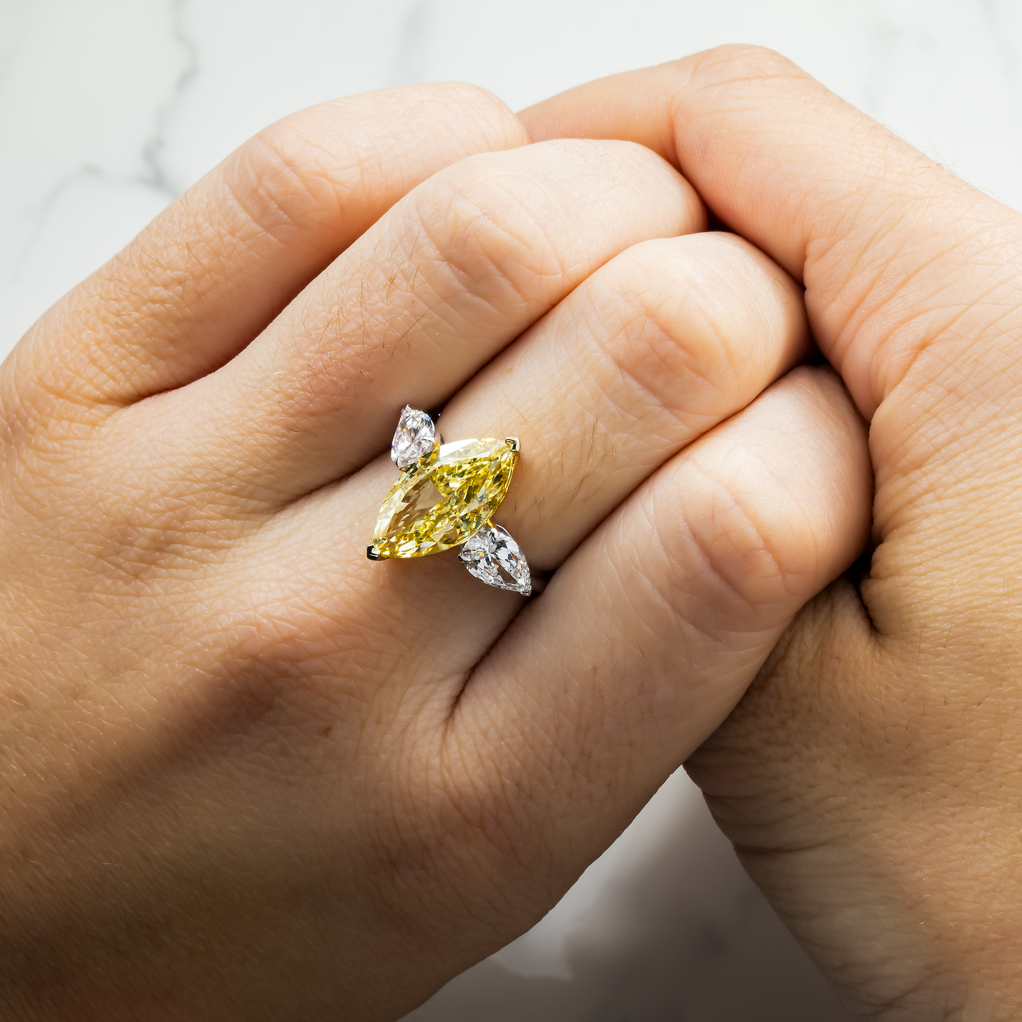 14K White Gold 5.36ct Marquise Fancy Yellow & Pear White Diamond Ring 6.80ctw