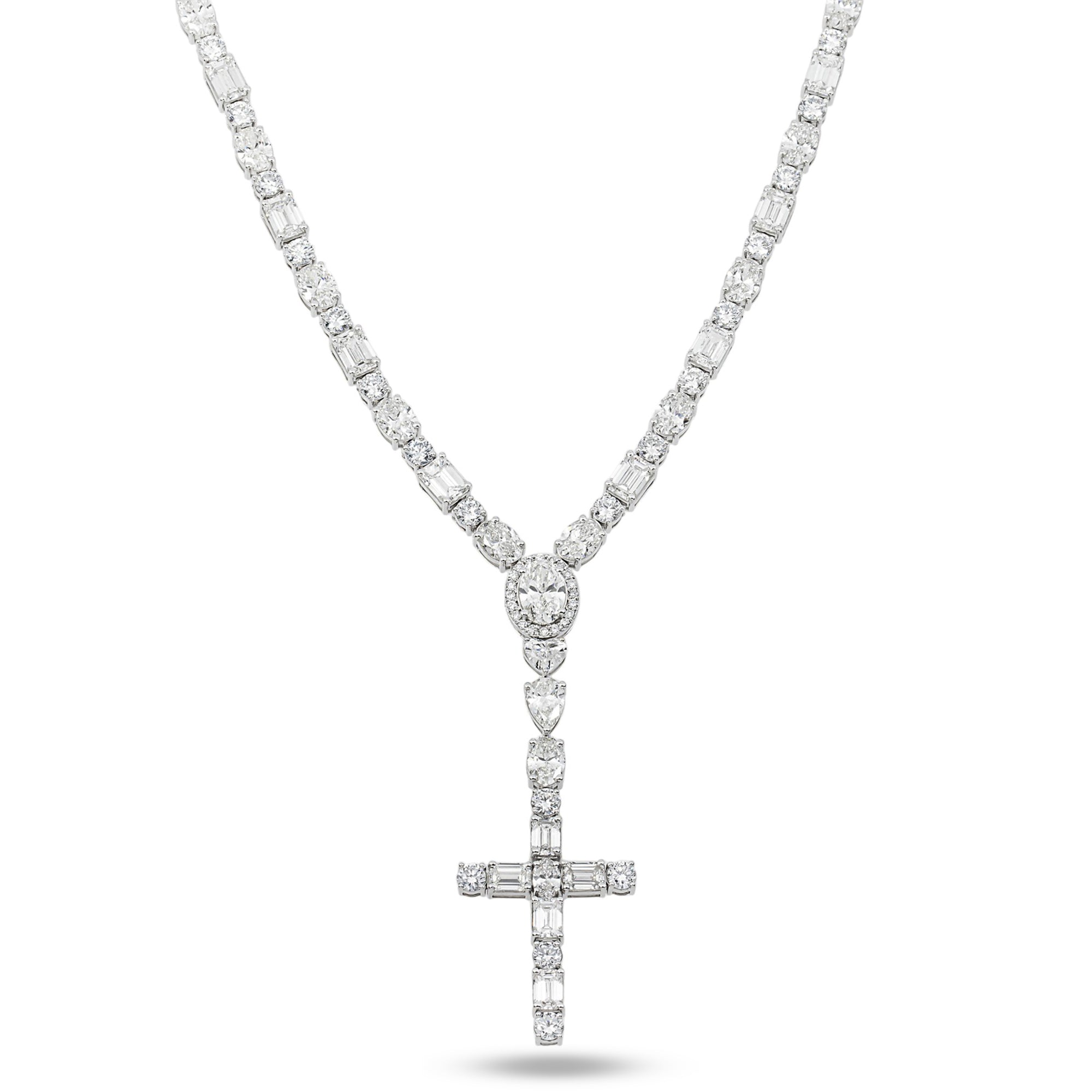 14K White Gold Multi Shape Diamond Cross Pendant Drop Necklace 43.0ct
