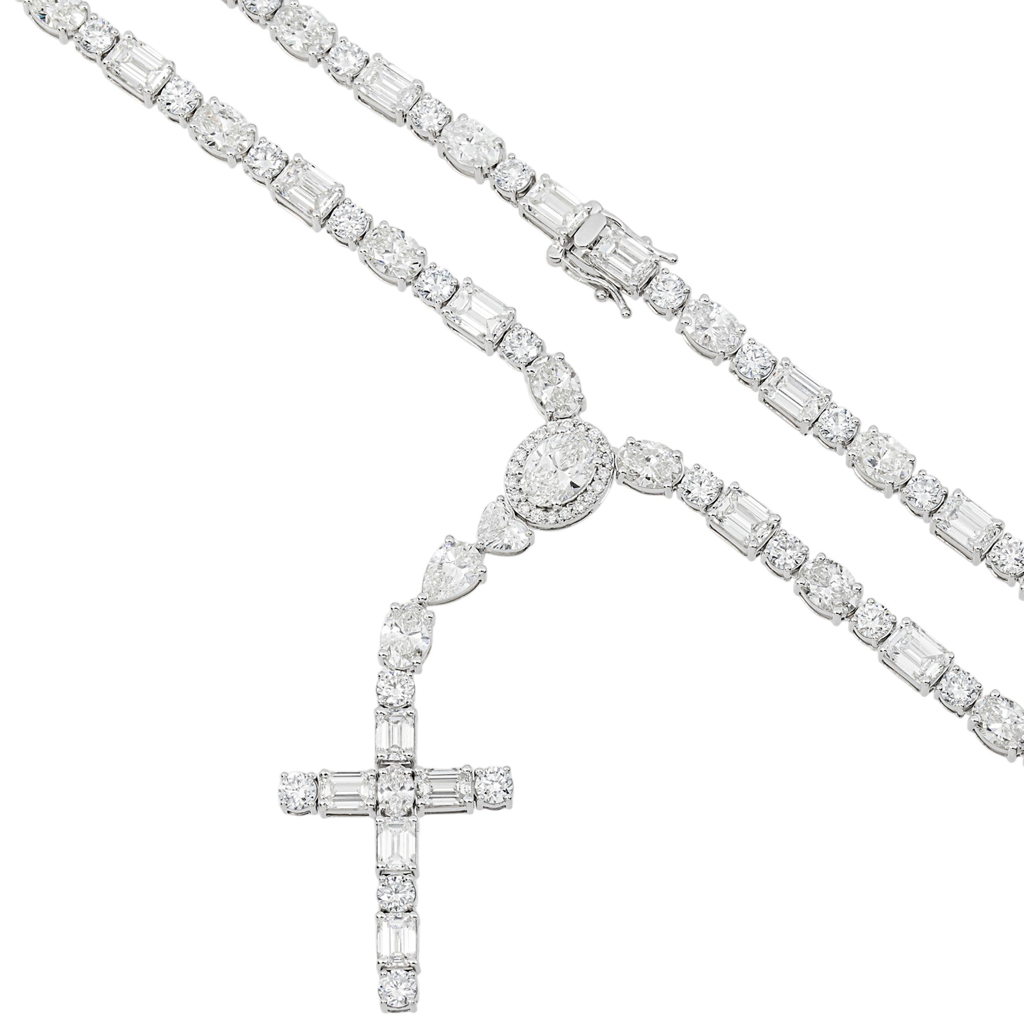 14K White Gold Multi Shape Diamond Cross Pendant Drop Necklace 43.0ct