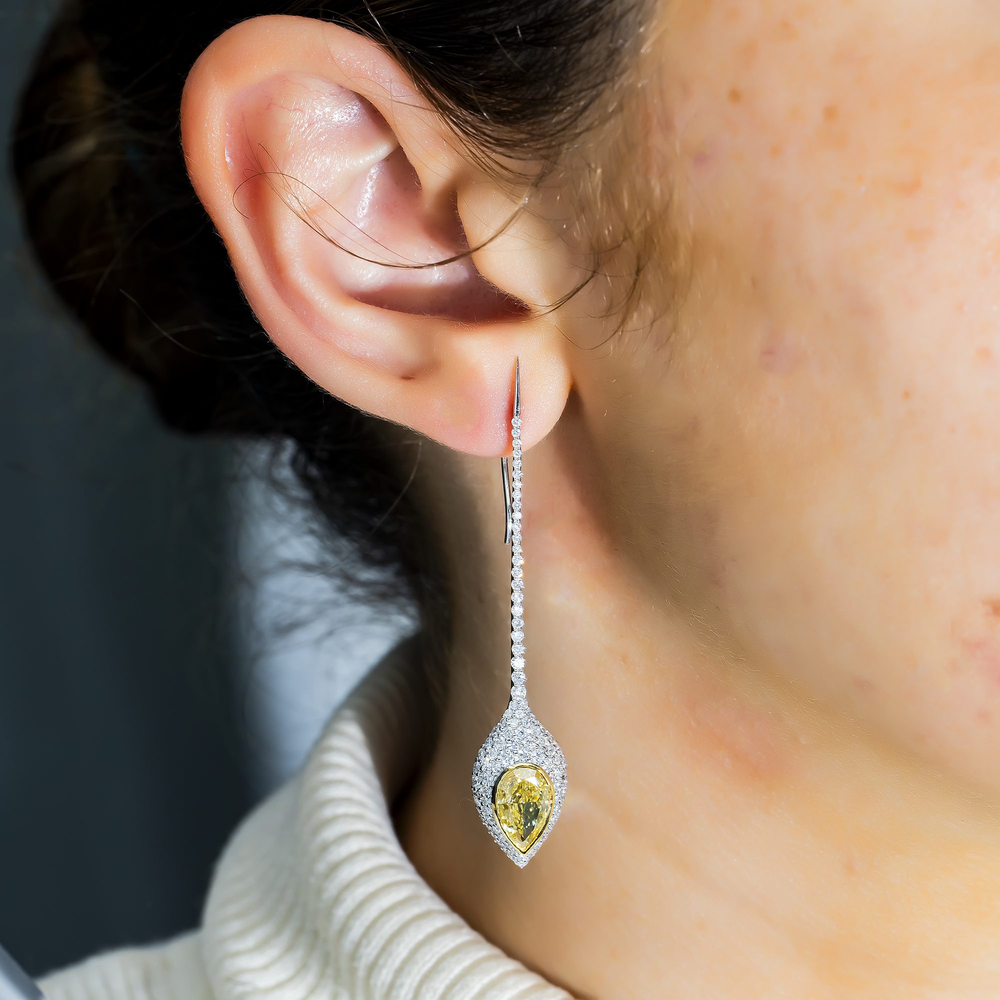 14K White Gold Fancy Yellow Diamond Siren Eye Drop Earrings 5.97ctw