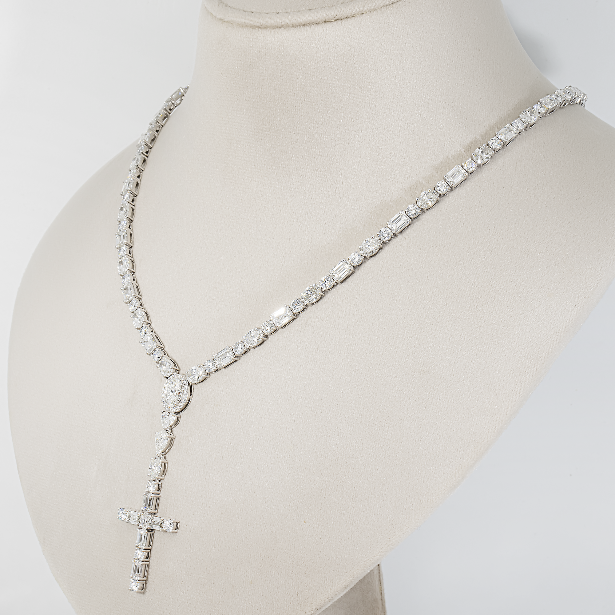 14K White Gold Multi Shape Diamond Cross Pendant Drop Necklace 43.0ct